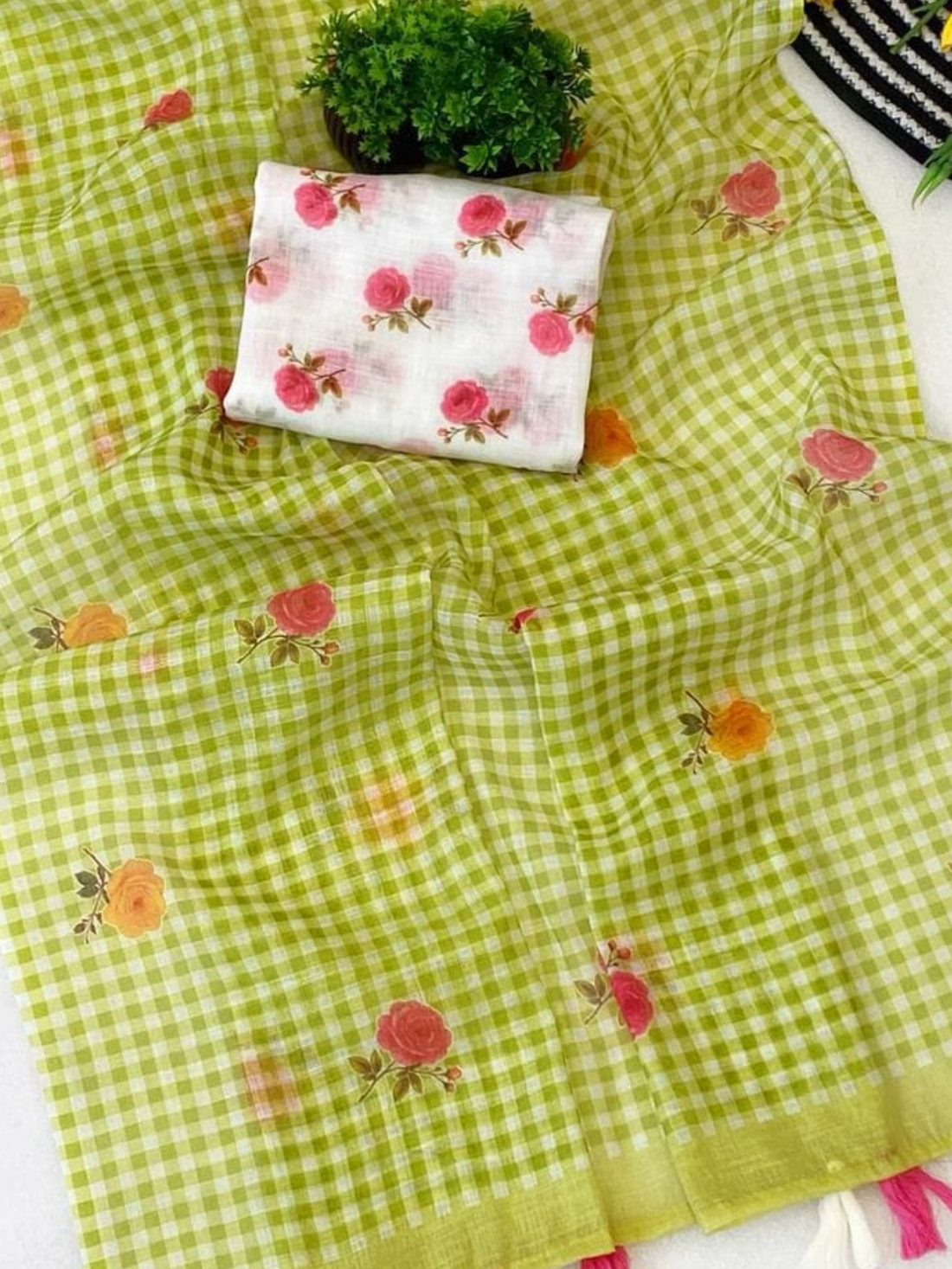 Lime Green Check Saree with Floral Print