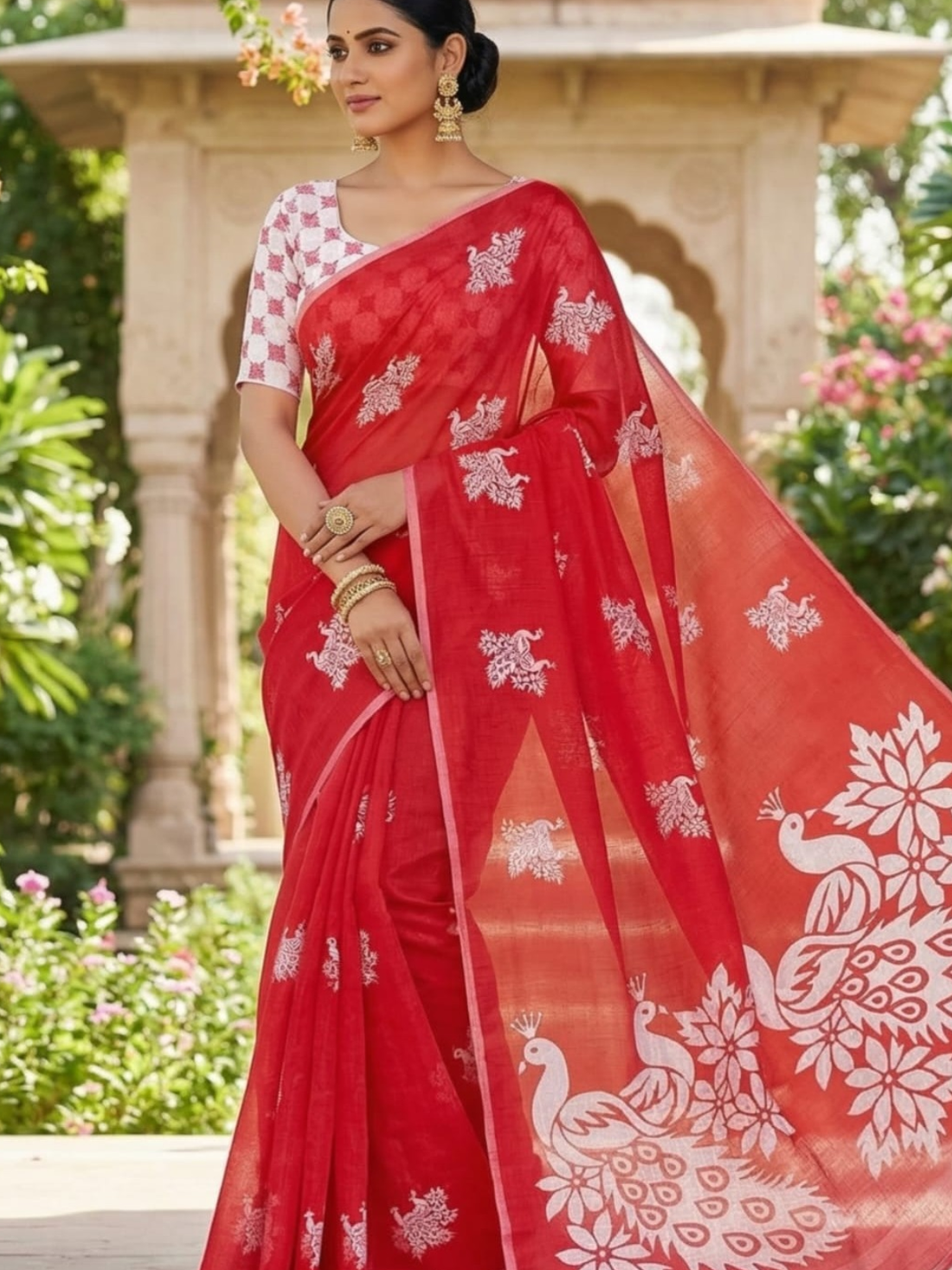 Elegant Red Organza Saree with Peacock Print