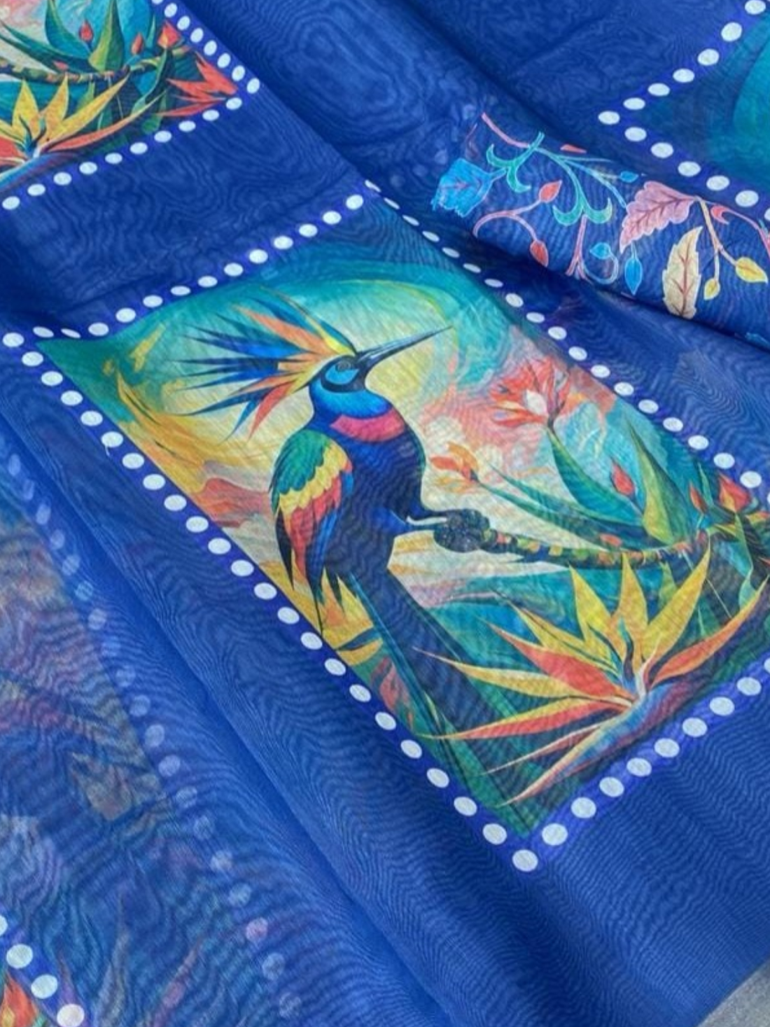 Royal Blue Linen Saree with Colorful Bird Print