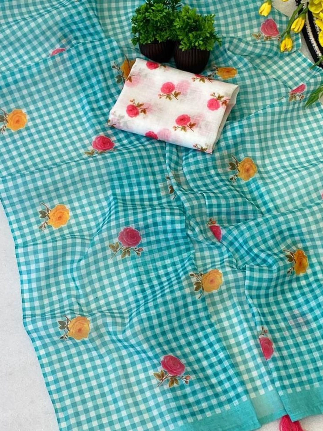 Fresh Sky Green Check Saree with Floral Motifs