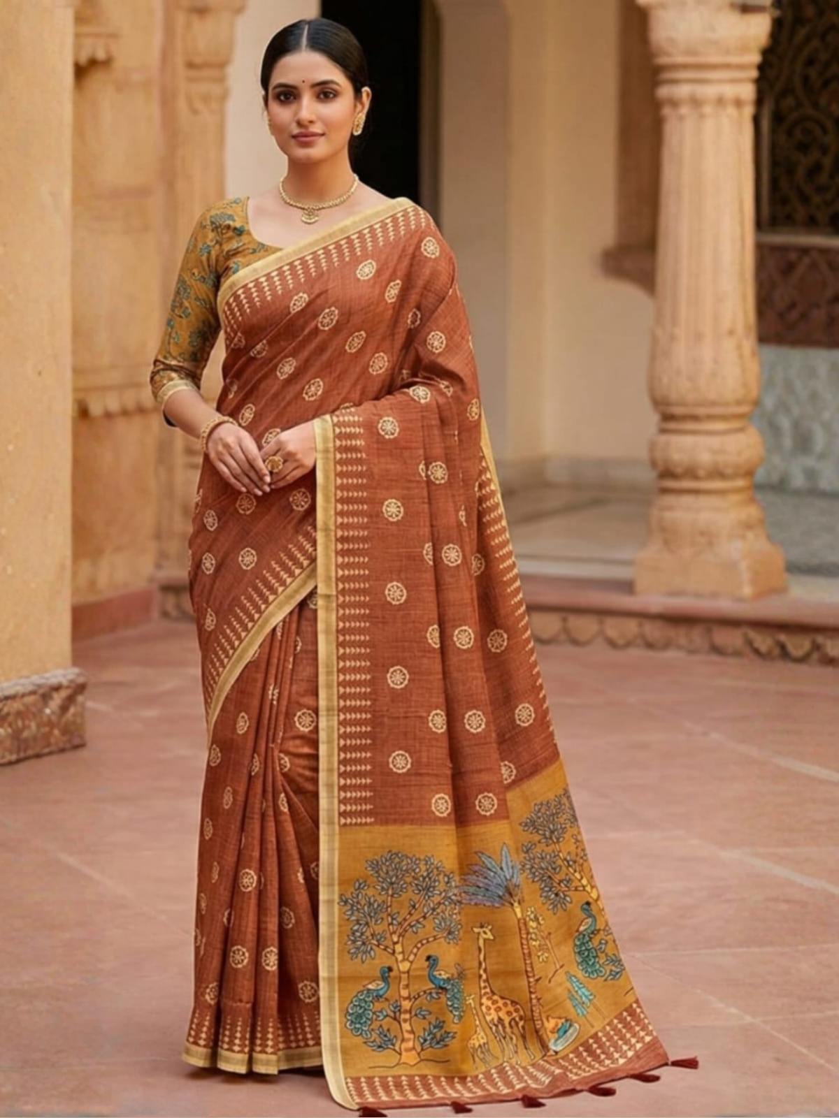 Elegant Rust Brown Printed Saree with Traditional Animal Pallu