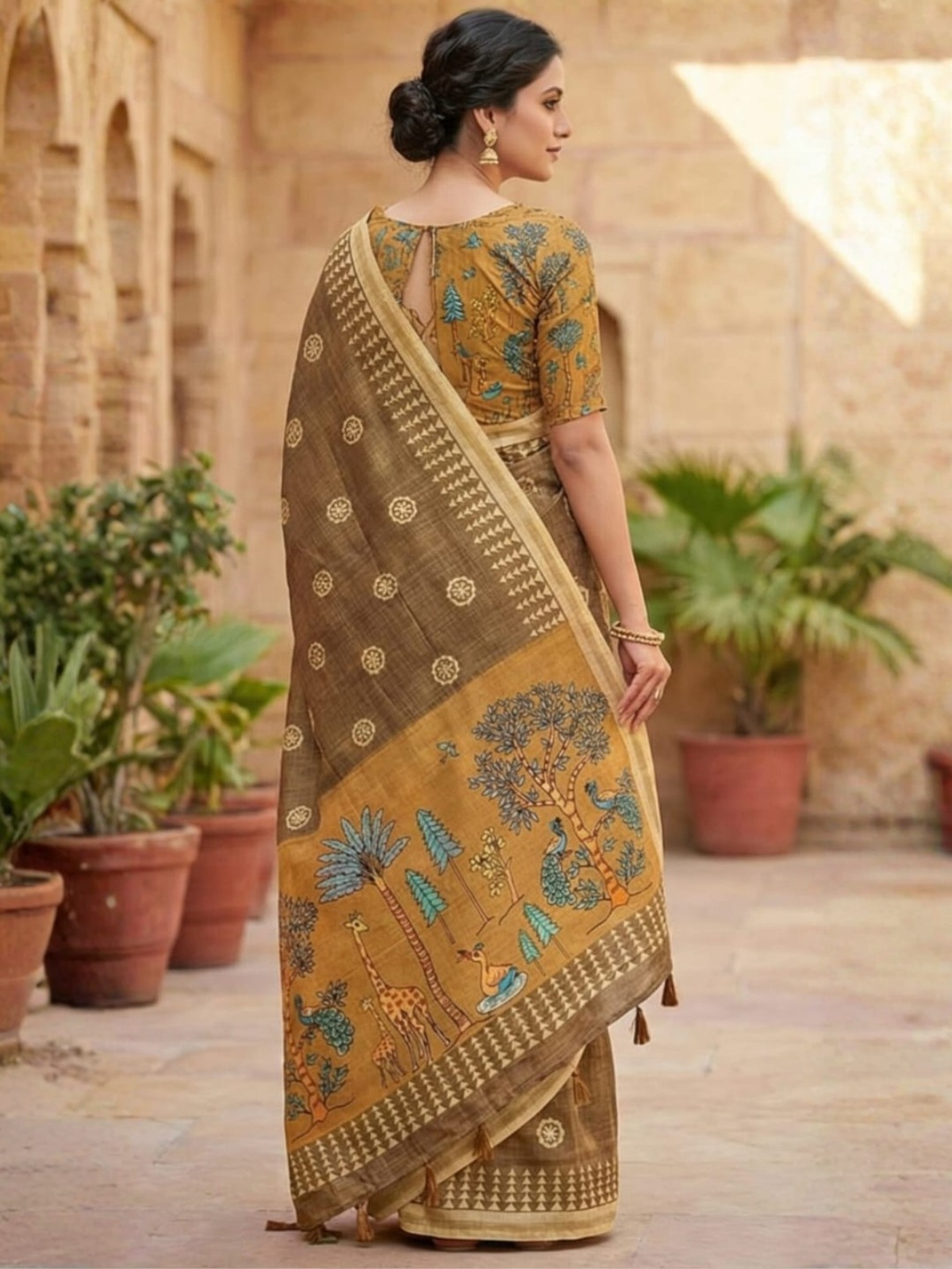 Classic Coffee Brown Ethnic Saree with Animal Print Pallu
