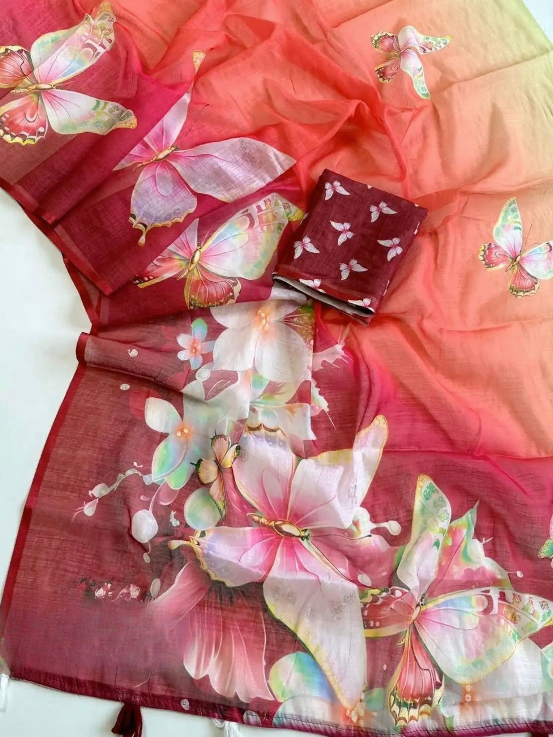 Butterfly Bloom Ombre Linen Saree