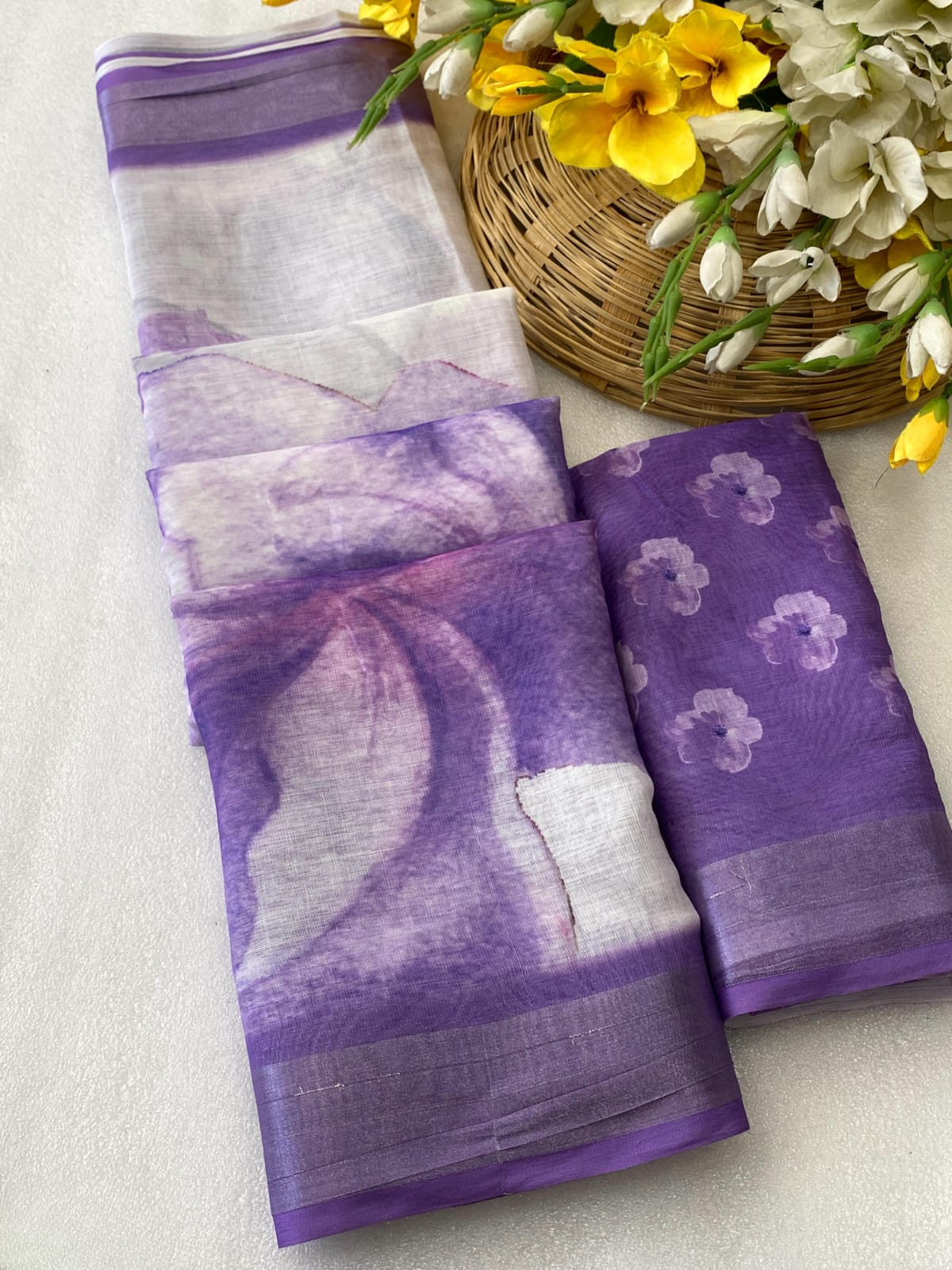 Lavender Bloom Designer Organza Saree with Floral Print & Matching Blouse