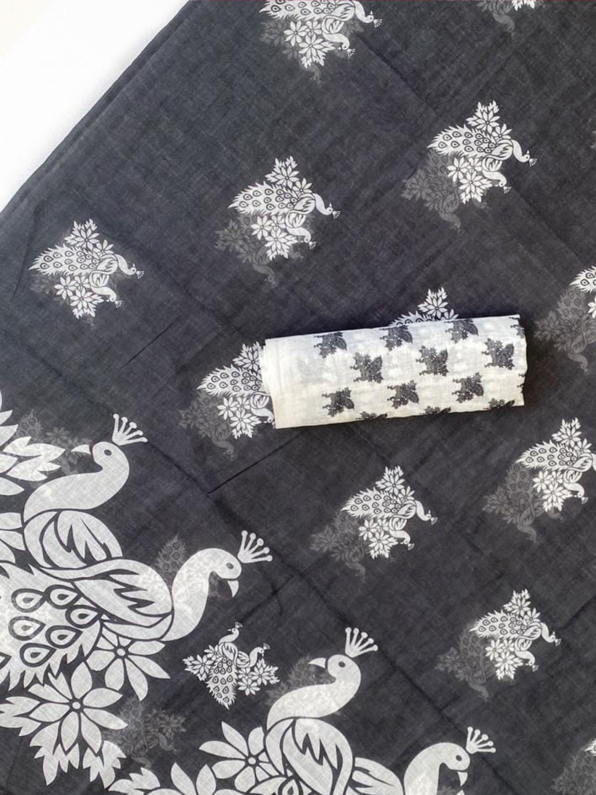 Charcoal Black Saree with Peacock Print