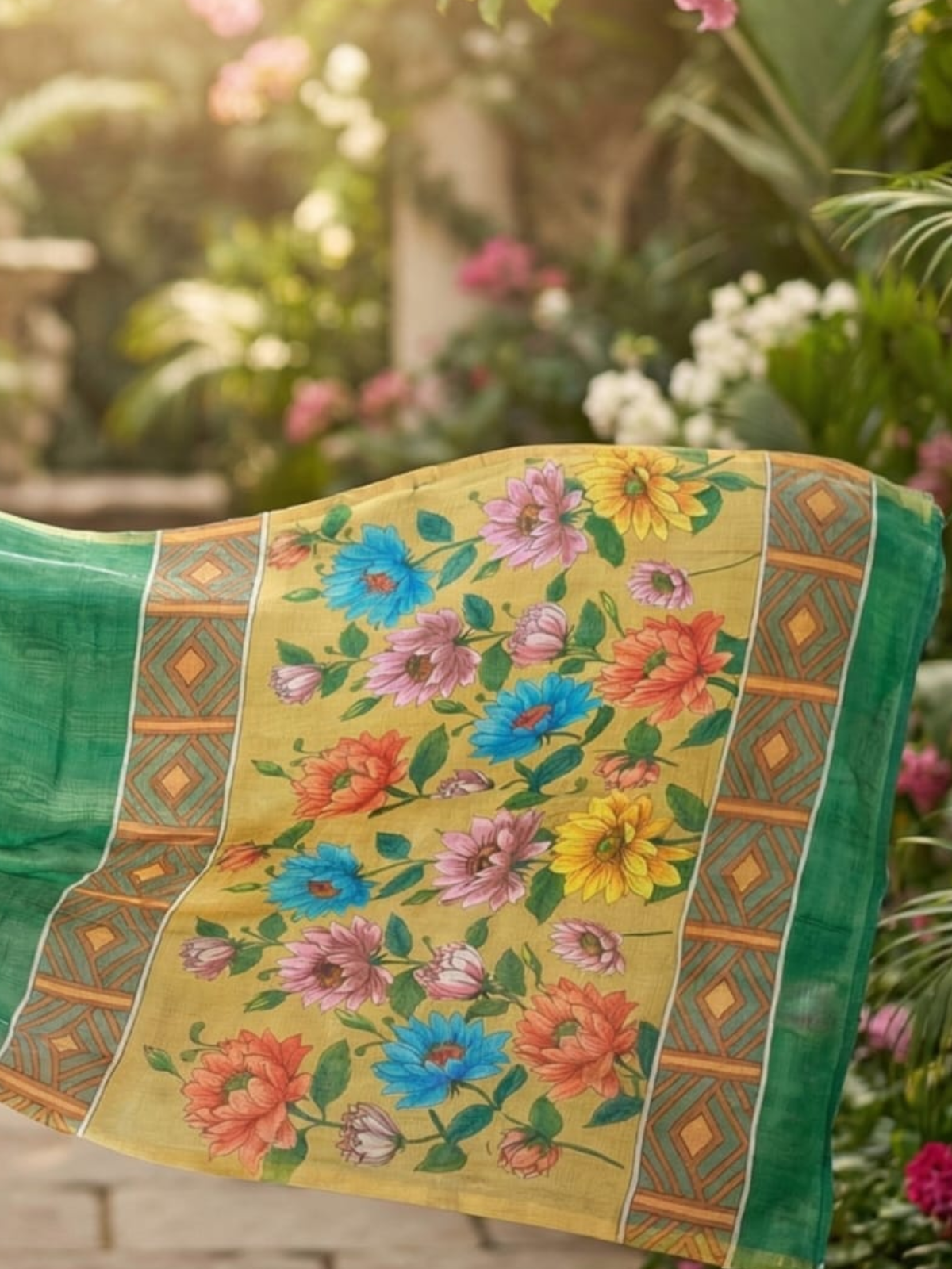 Classic Green Linen Saree with Floral Motifs