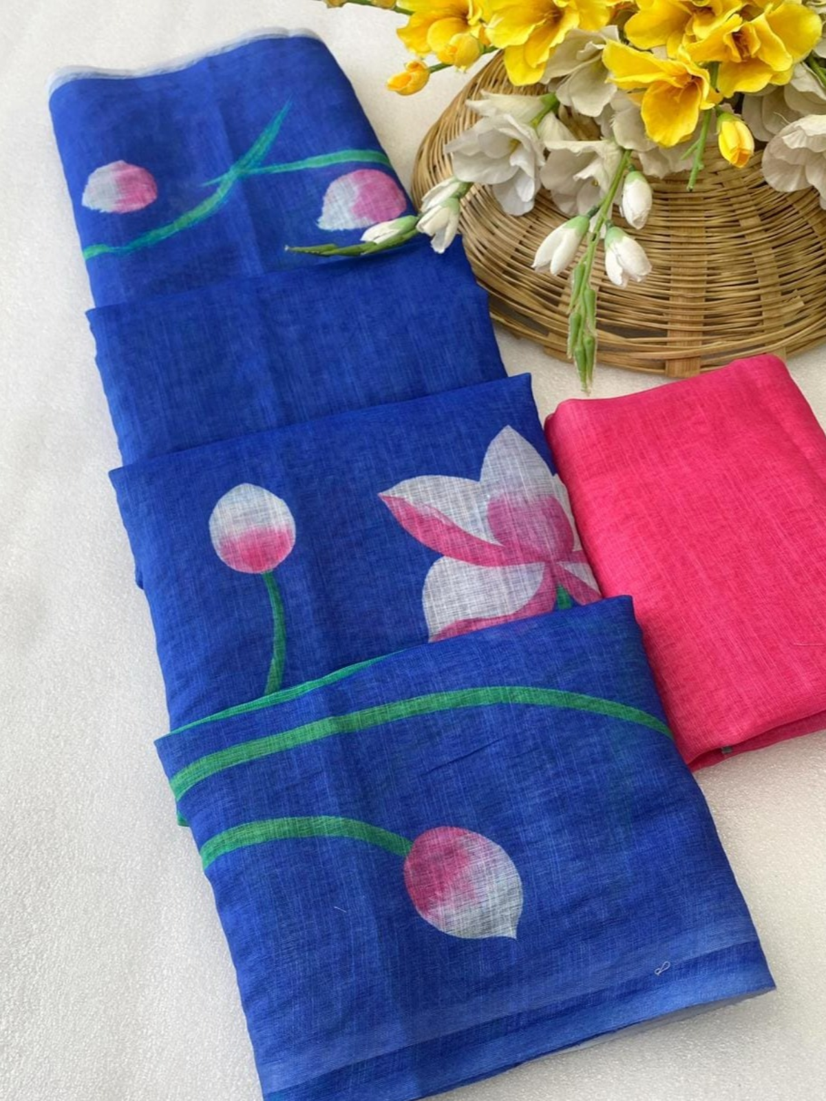 Stylish Blue Lotus Printed Saree with Designer Tassels