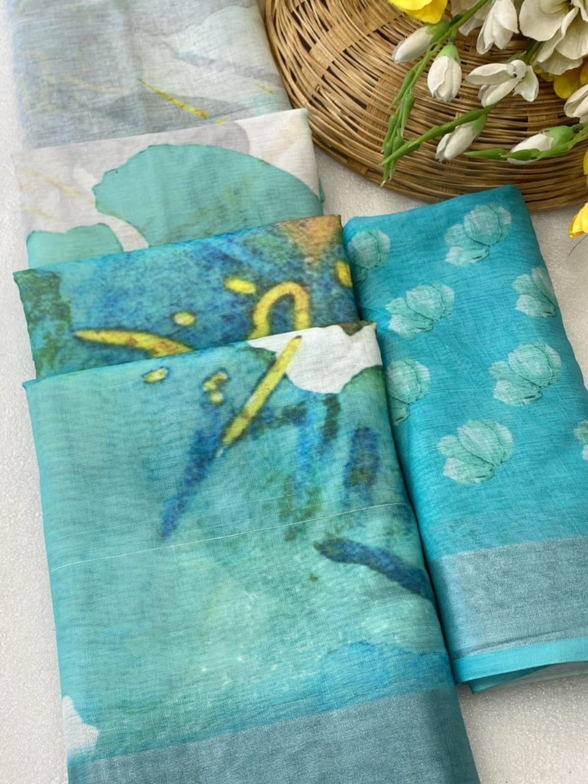 Trendy Aqua Blue Floral Organza Saree with Blouse