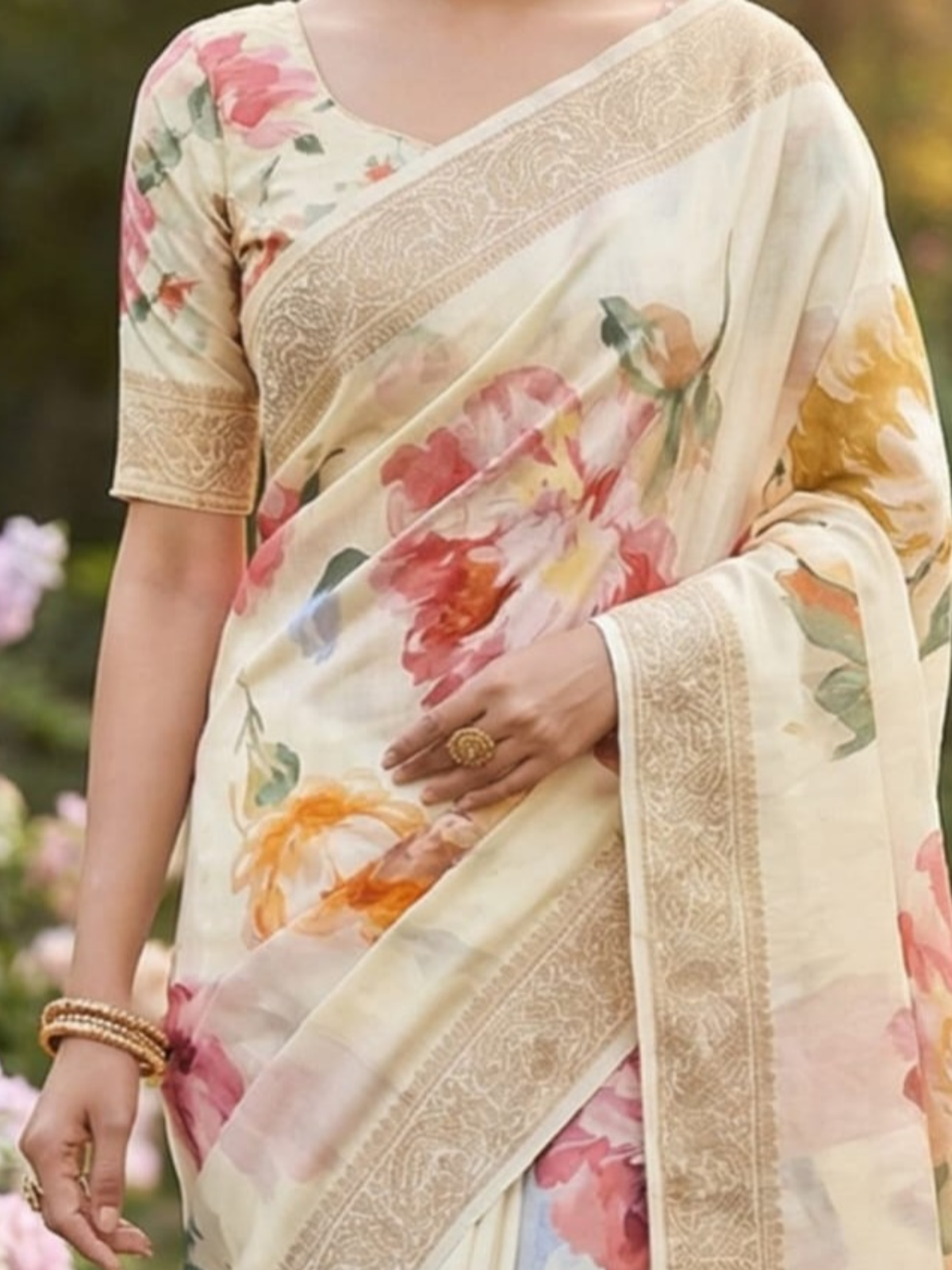 Pastel Floral Cream Saree with Golden Border