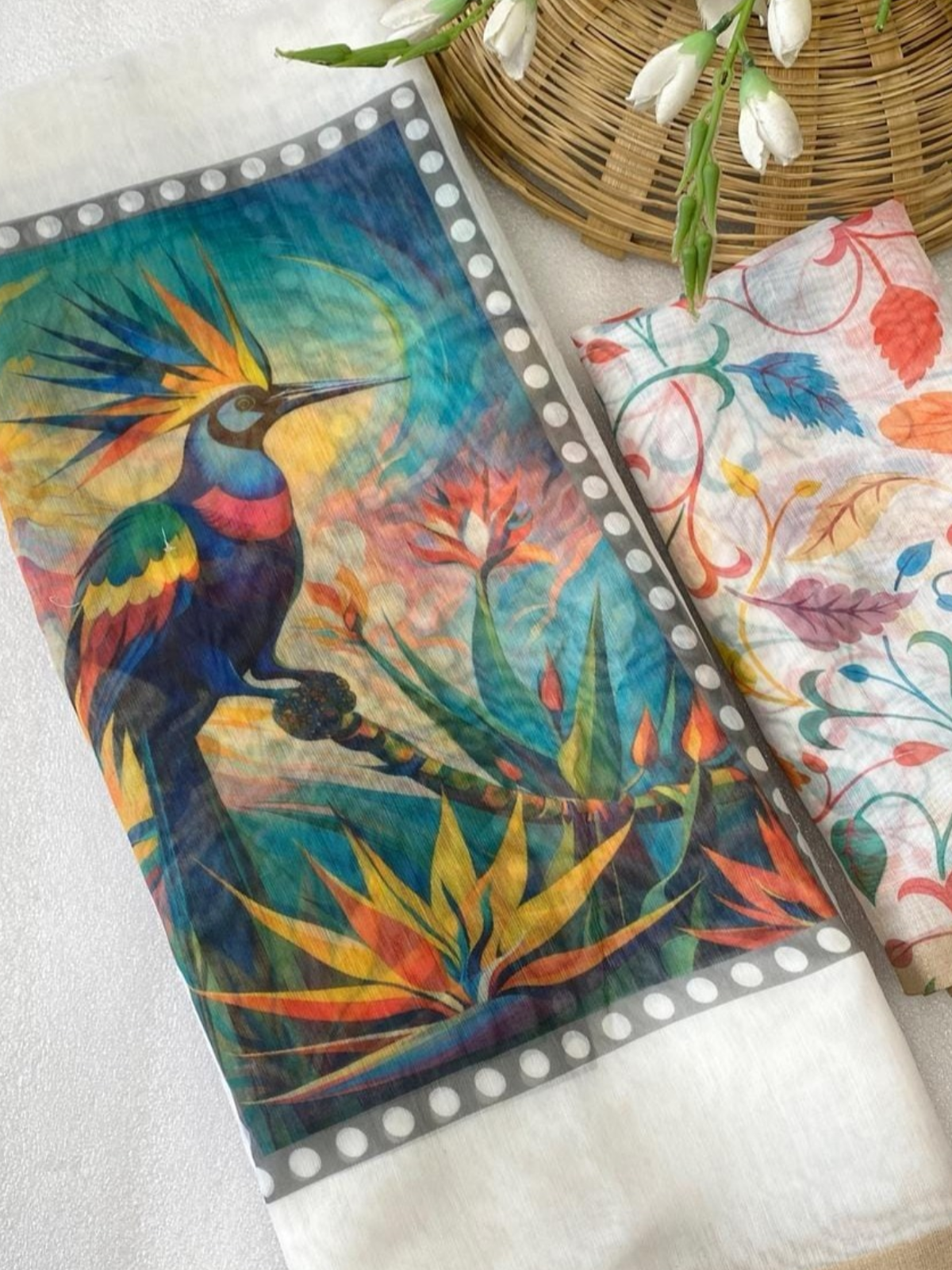 Elegant Off-White Linen Saree with Colorful Bird Print