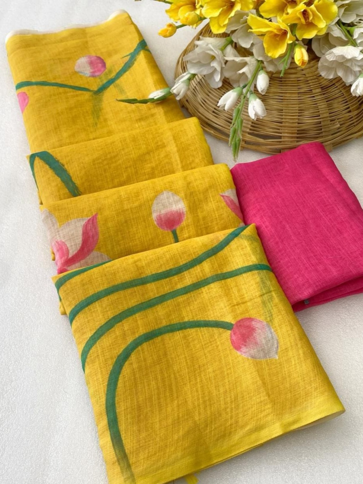Bright Yellow Lotus Printed Saree with Tassels