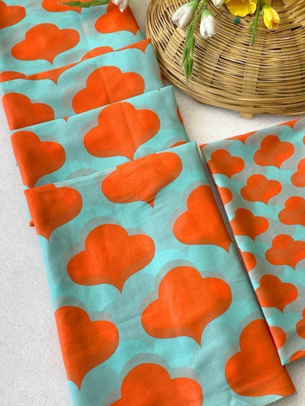 Trendy Orange & Sky Blue Printed Saree