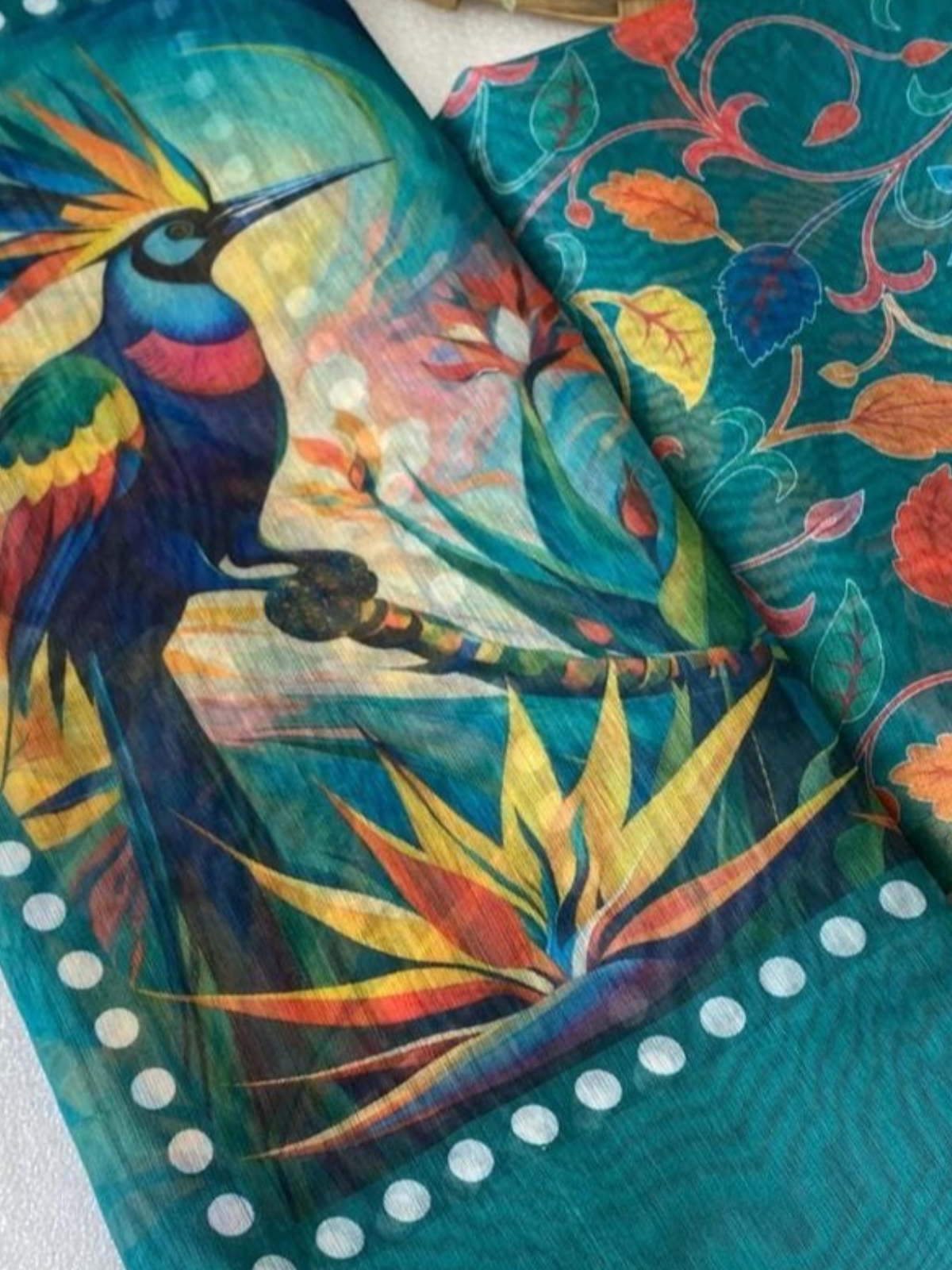 Graceful Green Linen Saree with Bird Motif Print