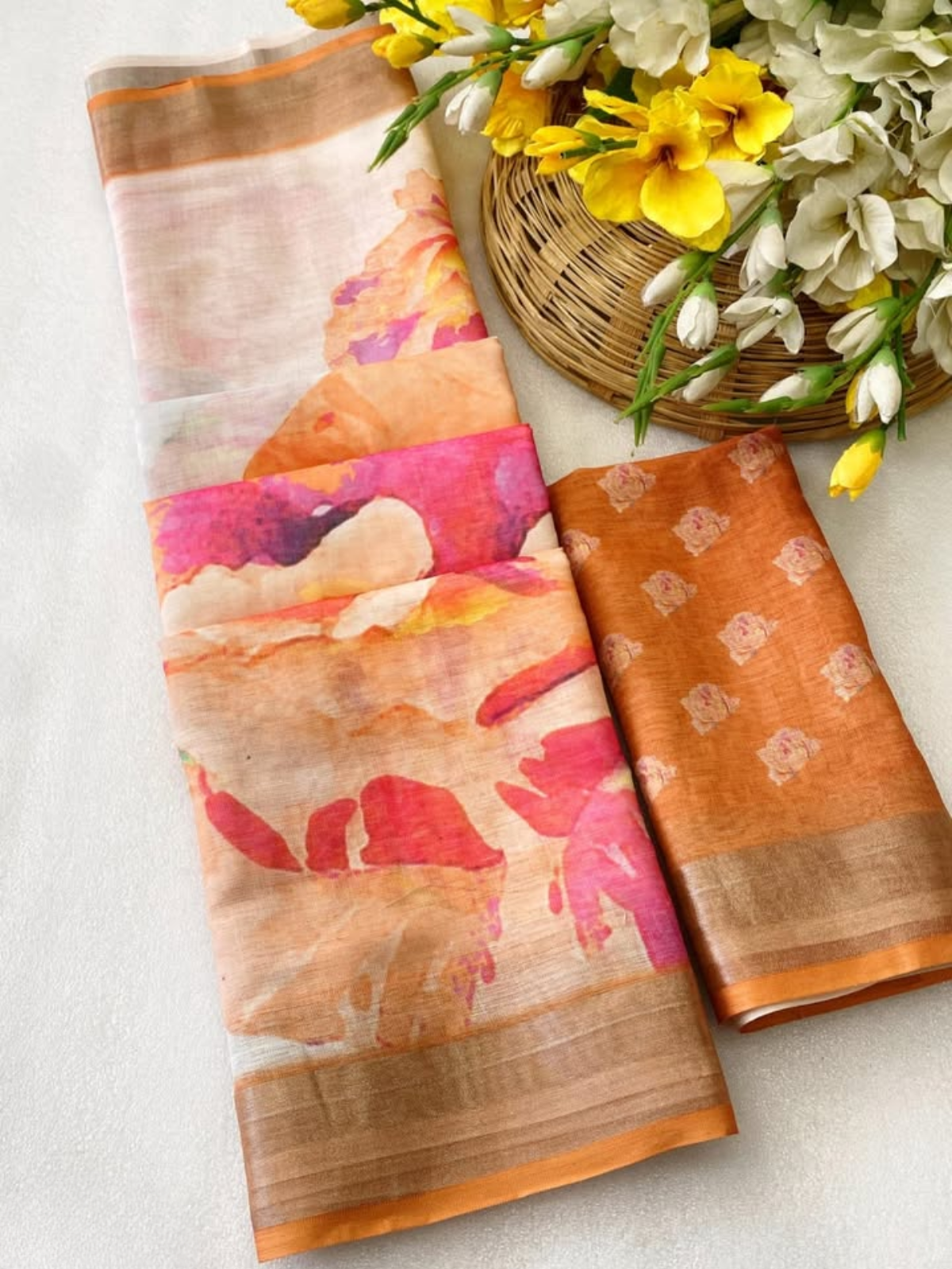 Peach Blossom Floral Organza Saree with Golden Border & Designer Blouse
