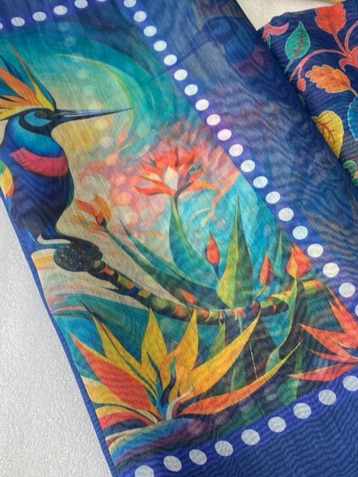 Royal Blue Linen Saree with Colorful Bird Print