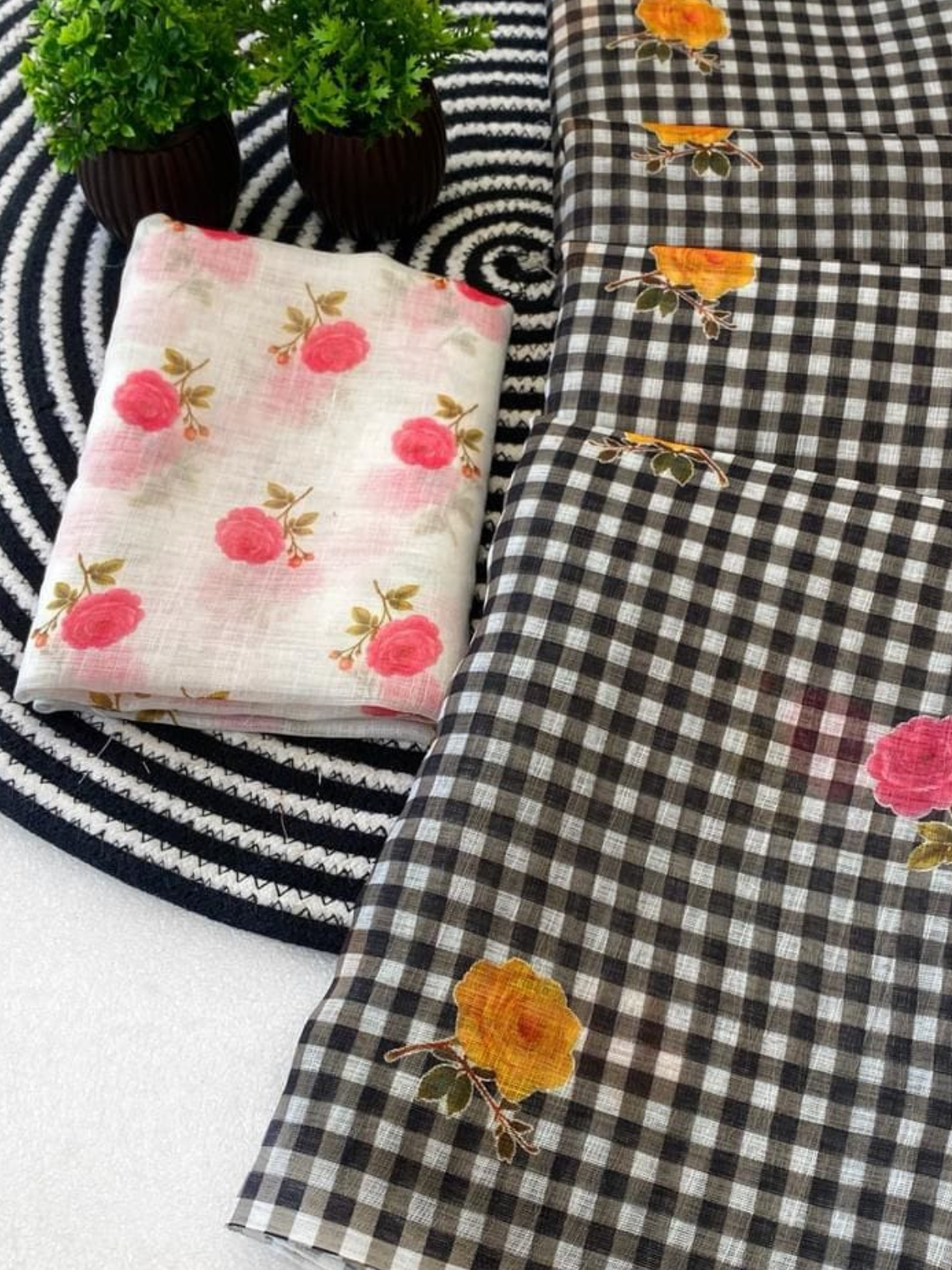 Classic Brown Check Saree with Floral Design