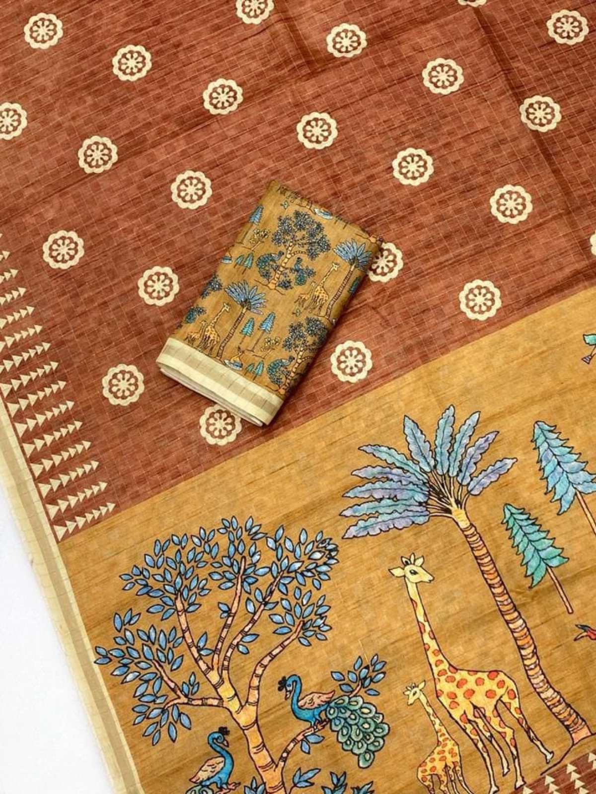 Elegant Rust Brown Printed Saree with Traditional Animal Pallu