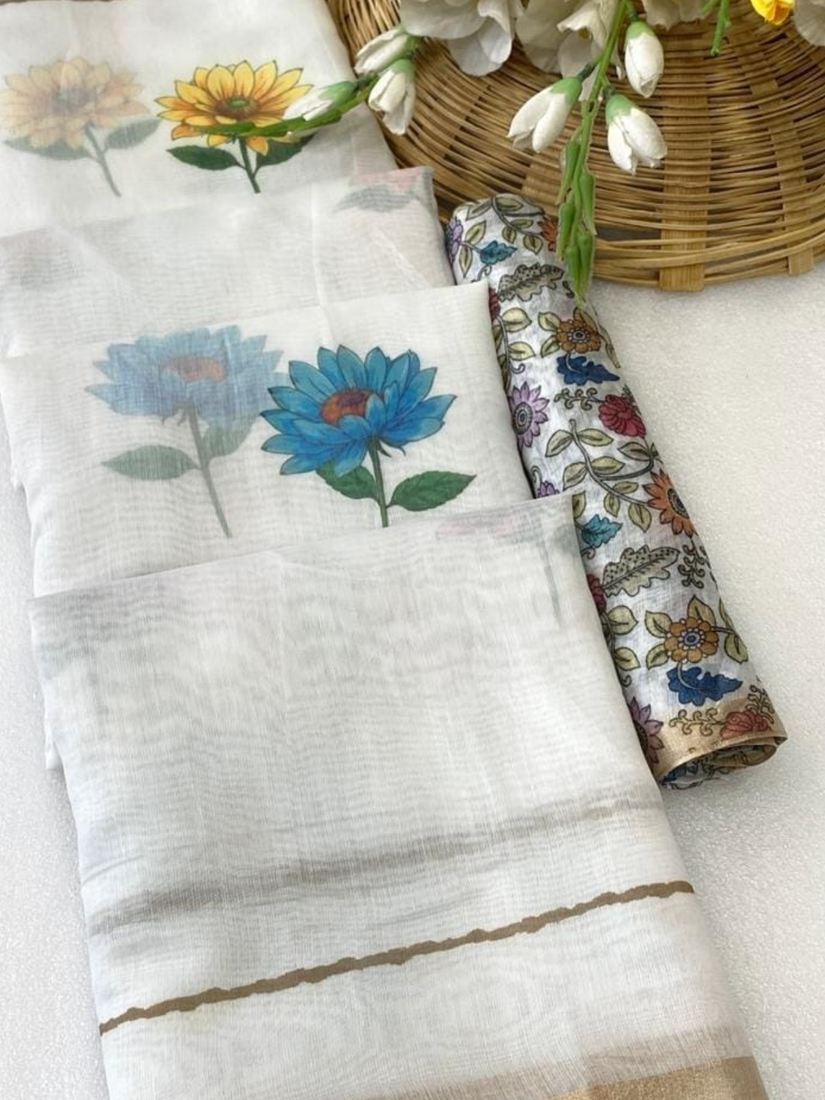 Elegant Off-White Linen Saree with Soft Floral Print