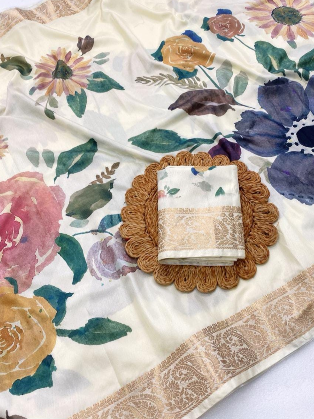 Vintage Style Cream Floral Saree with Golden Border