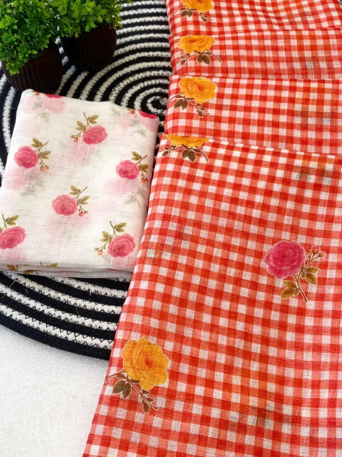 Vibrant Orange Check Saree with Floral Print