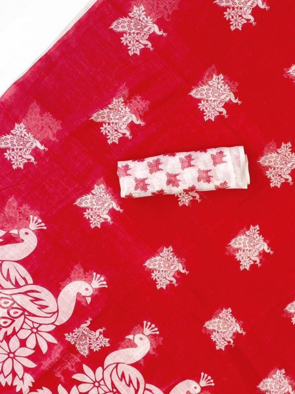 Elegant Red Organza Saree with Peacock Print