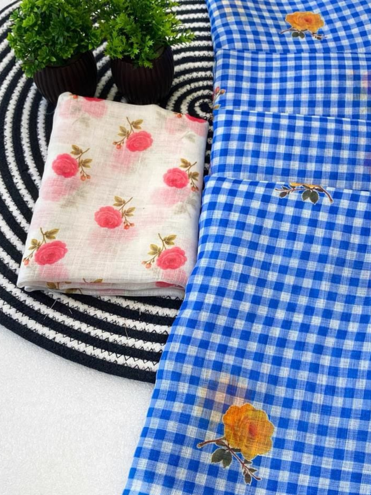 Classic Blue Check Saree with Floral Print