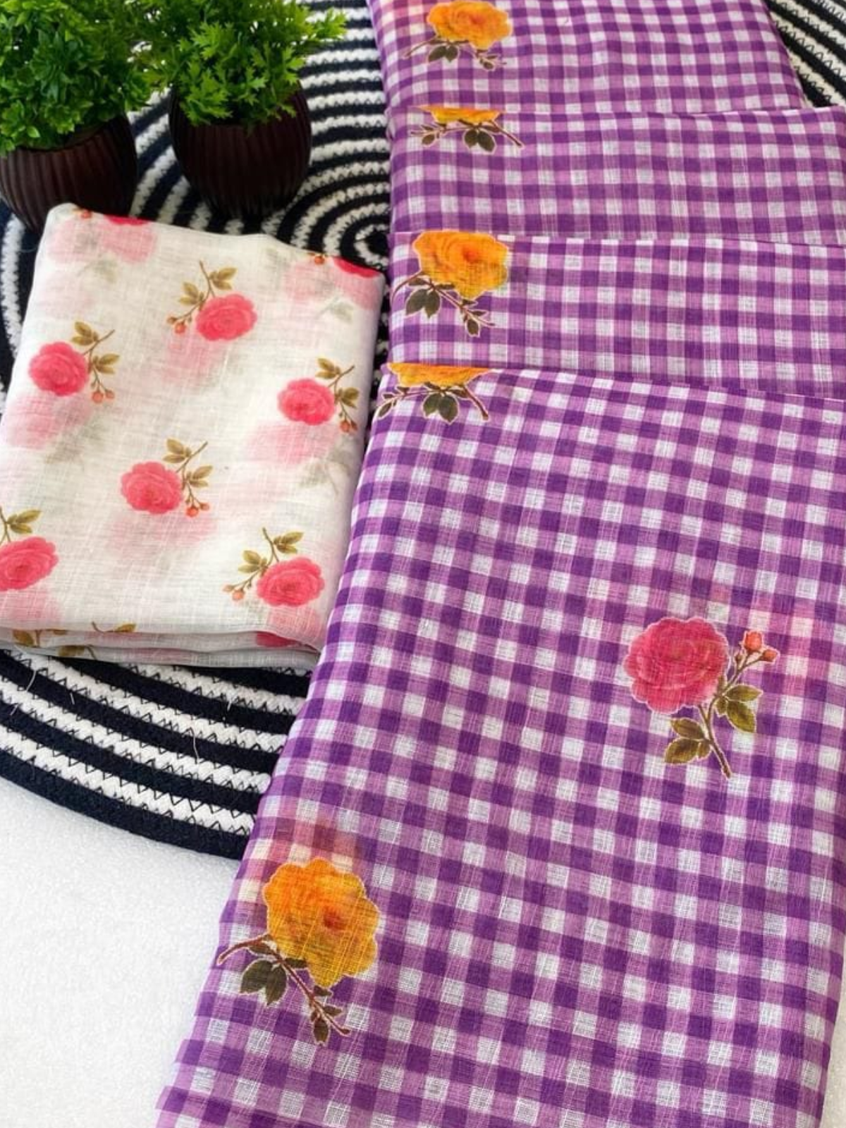 Elegant Purple Check Saree with Floral Print