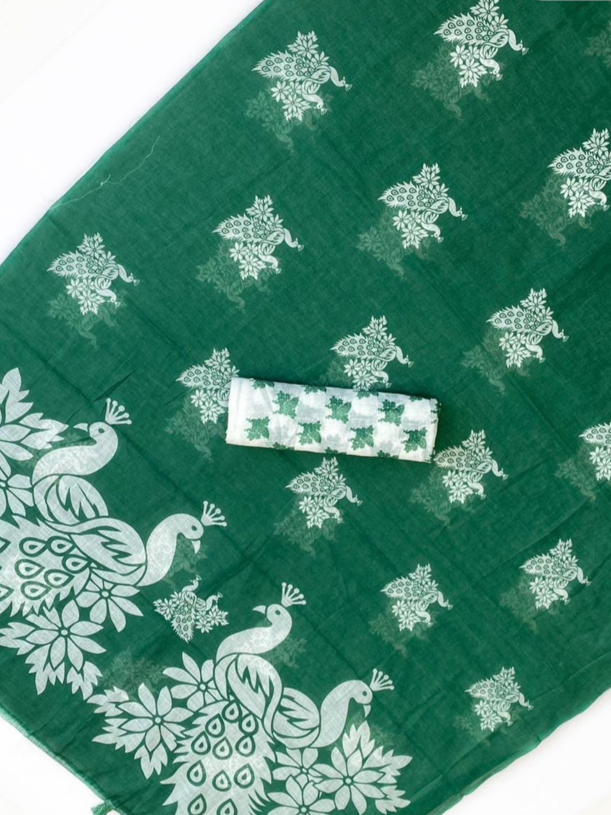 Dark Green Elegant Saree with Peacock Print