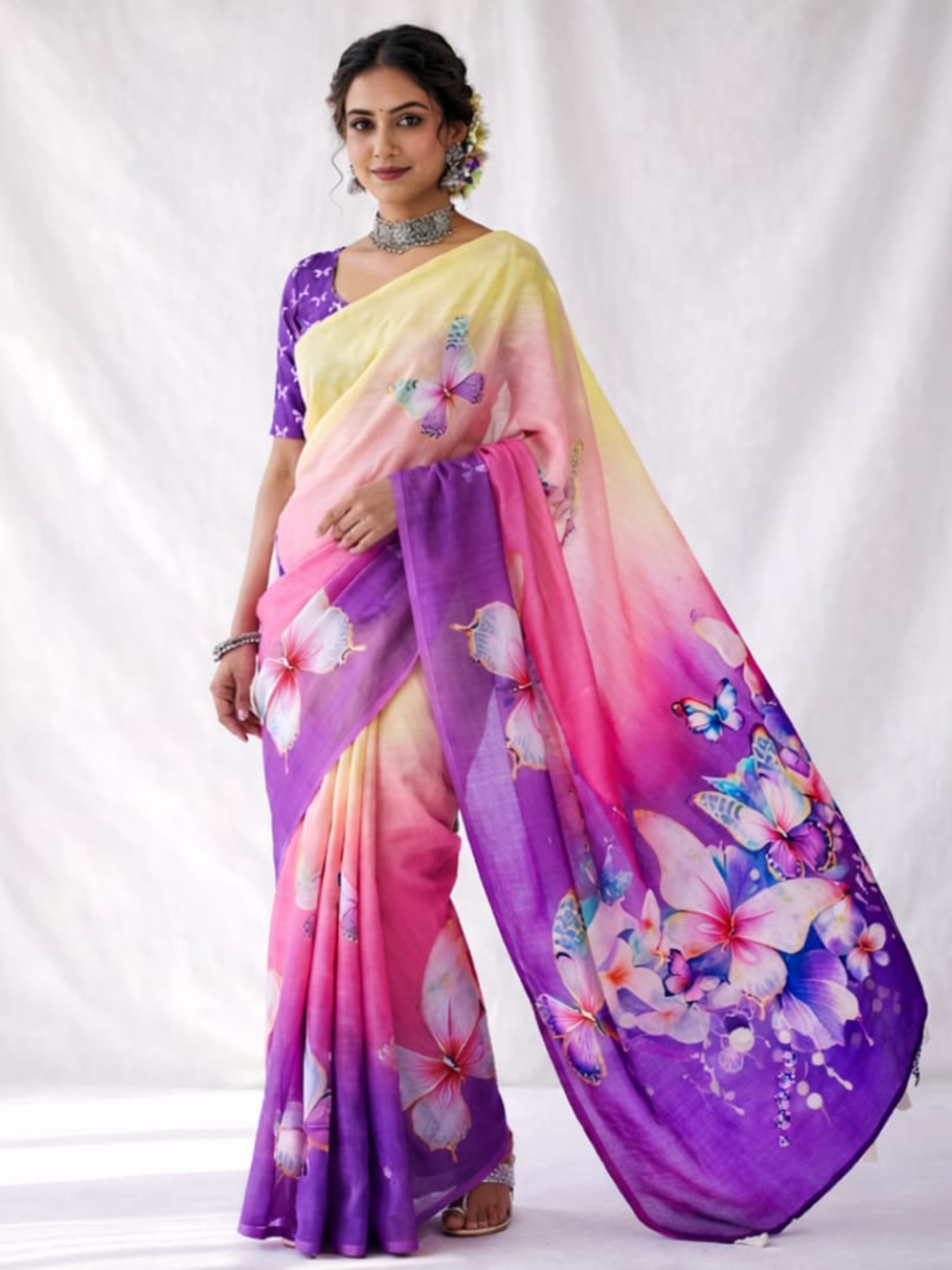 Butterfly Blossom Ombre Linen Saree