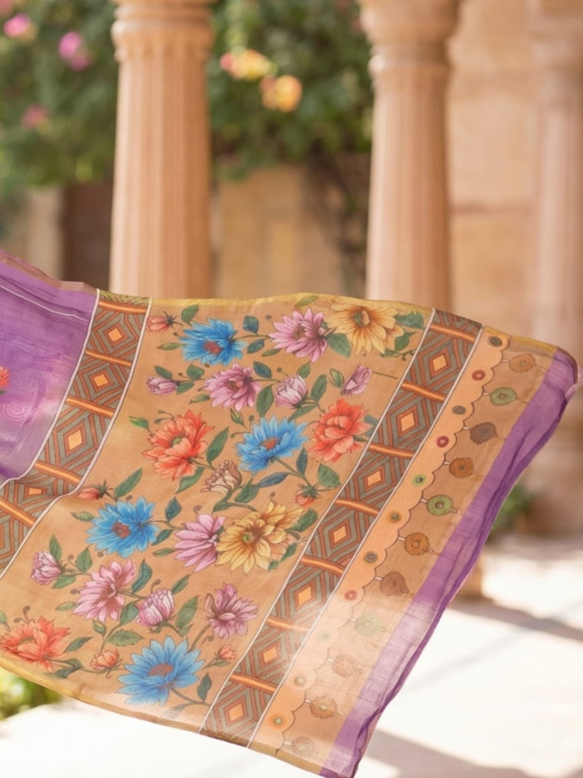 Purple Linen Saree with Black Floral Print