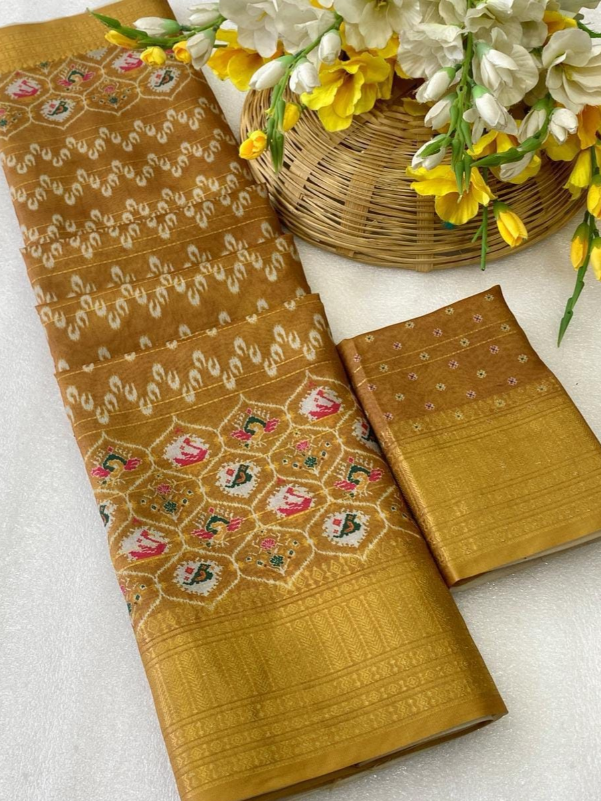 Mustard Yellow Silk Saree with Traditional Design