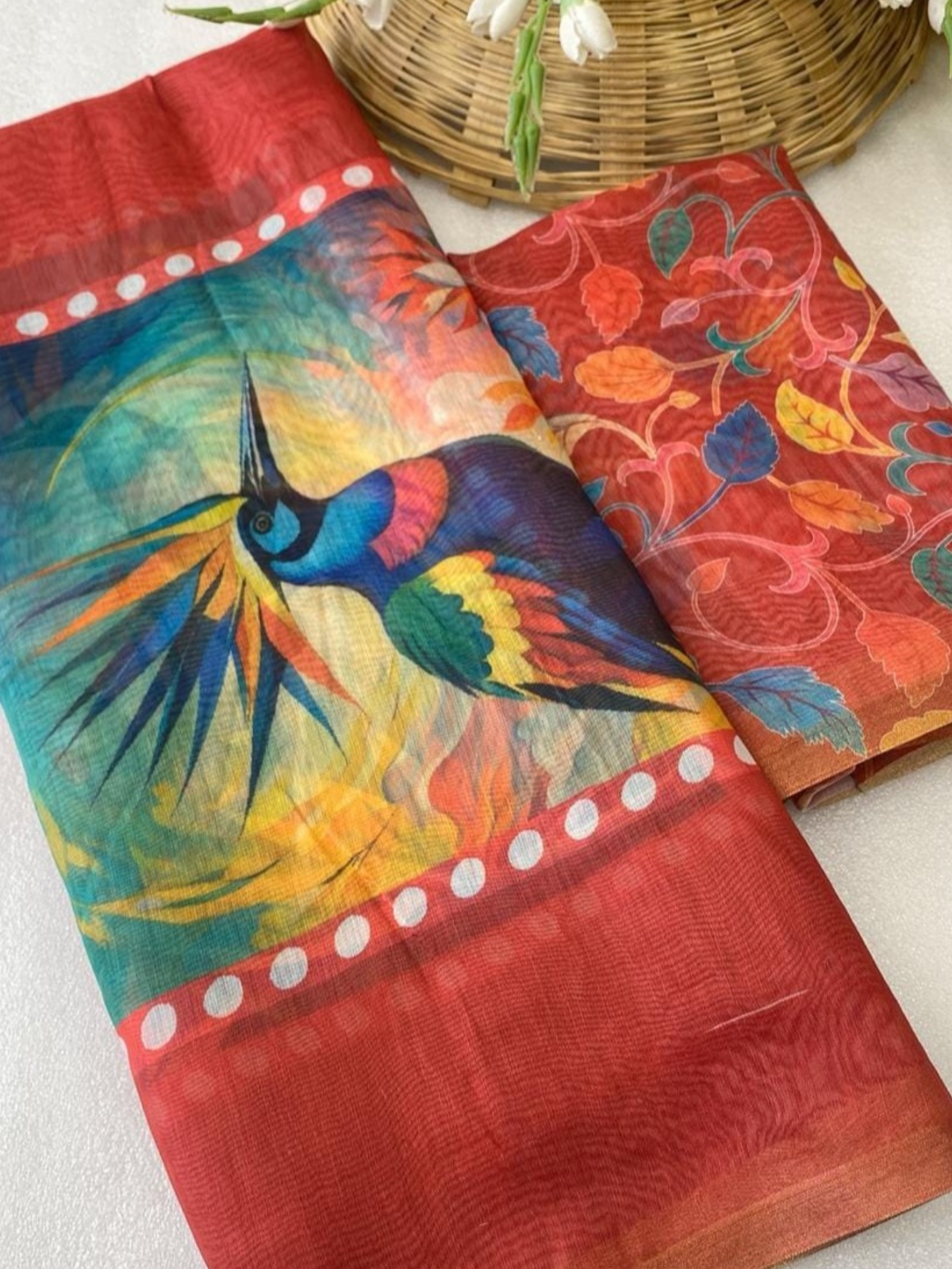 Vibrant Orange Linen Saree with Bird Print