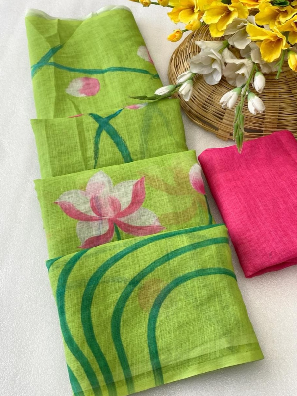 Elegant Green Lotus Printed Saree with Tassel Border