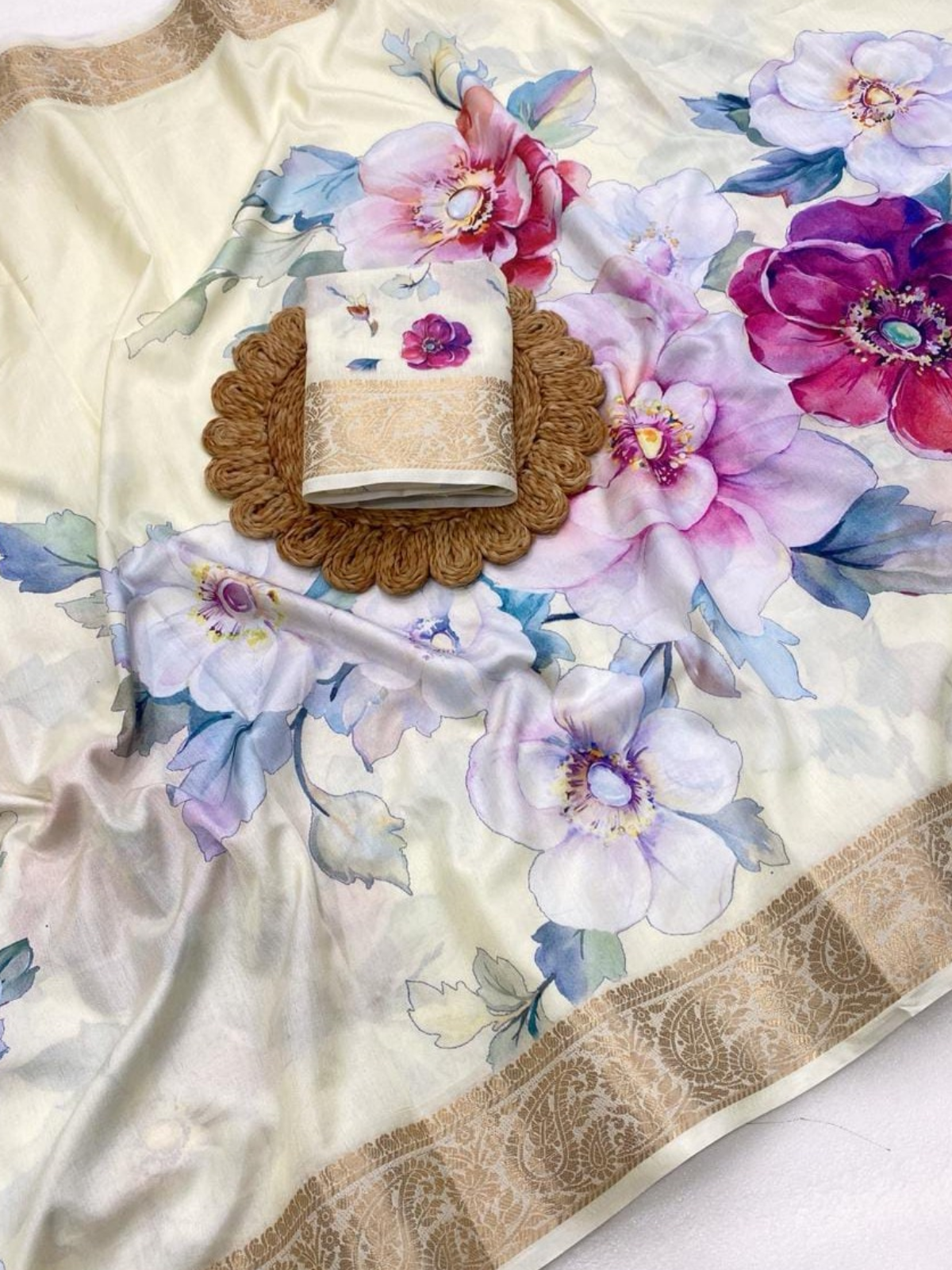 Cream Saree with Blue Floral Print & Gold Border