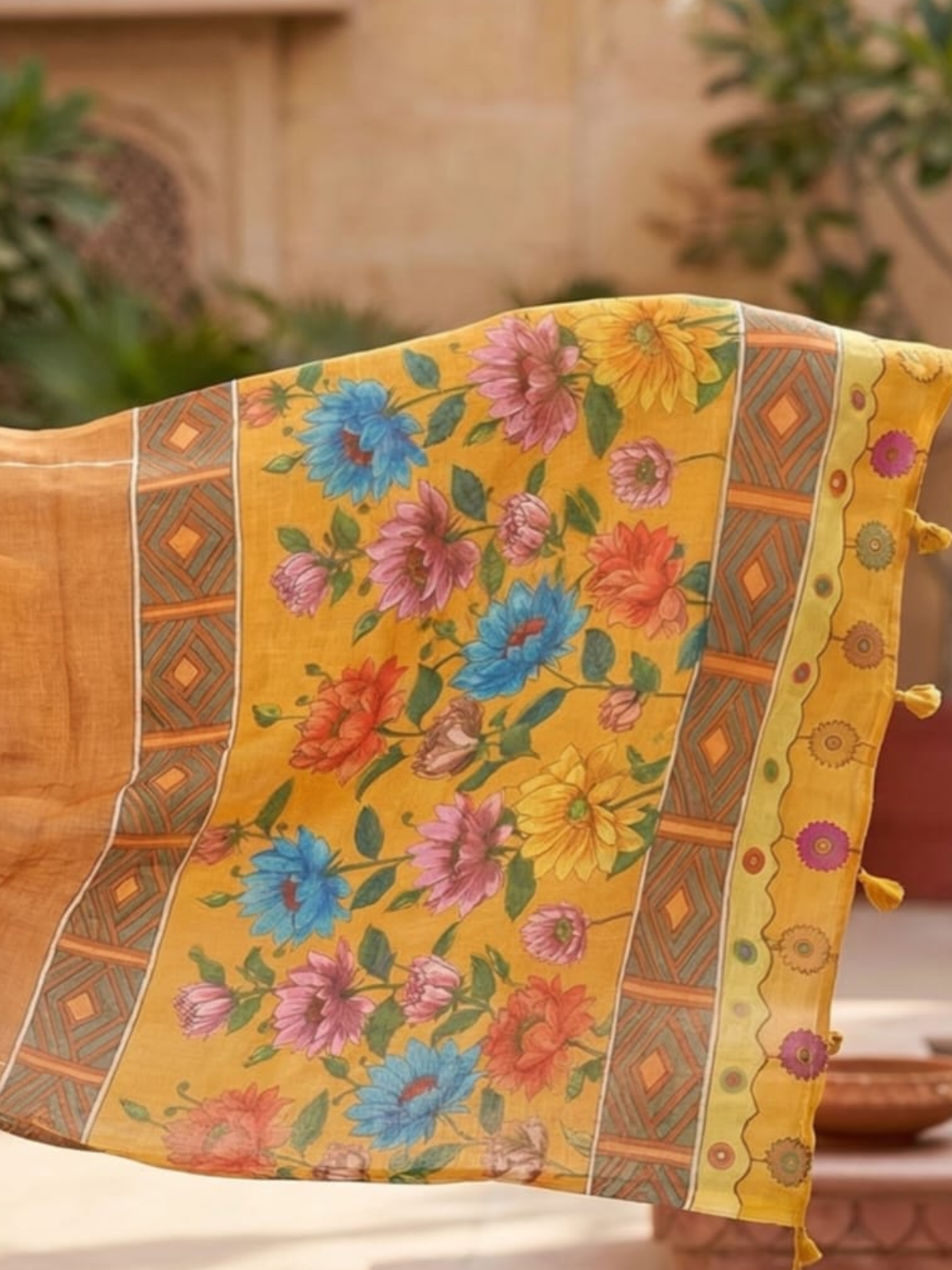 Rust Brown Linen Saree with Floral Print