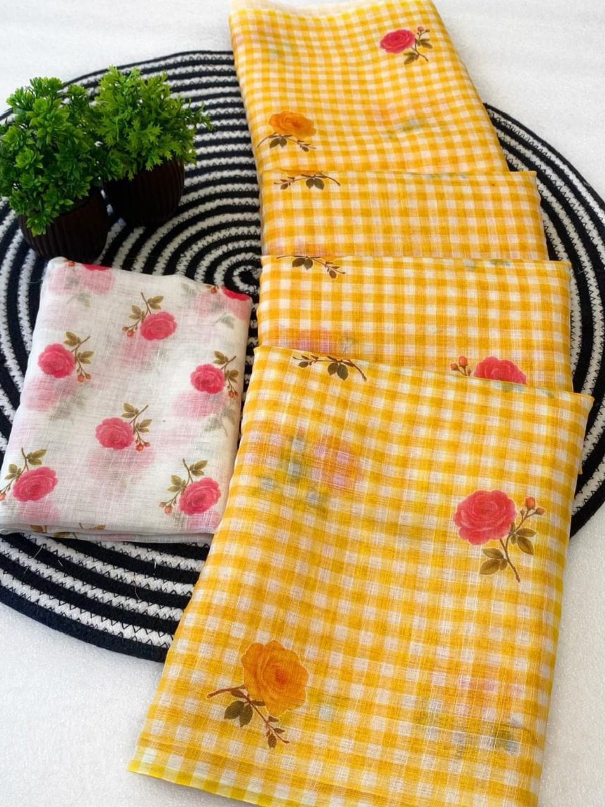 Sunny Yellow Check Print Saree with Floral Motifs