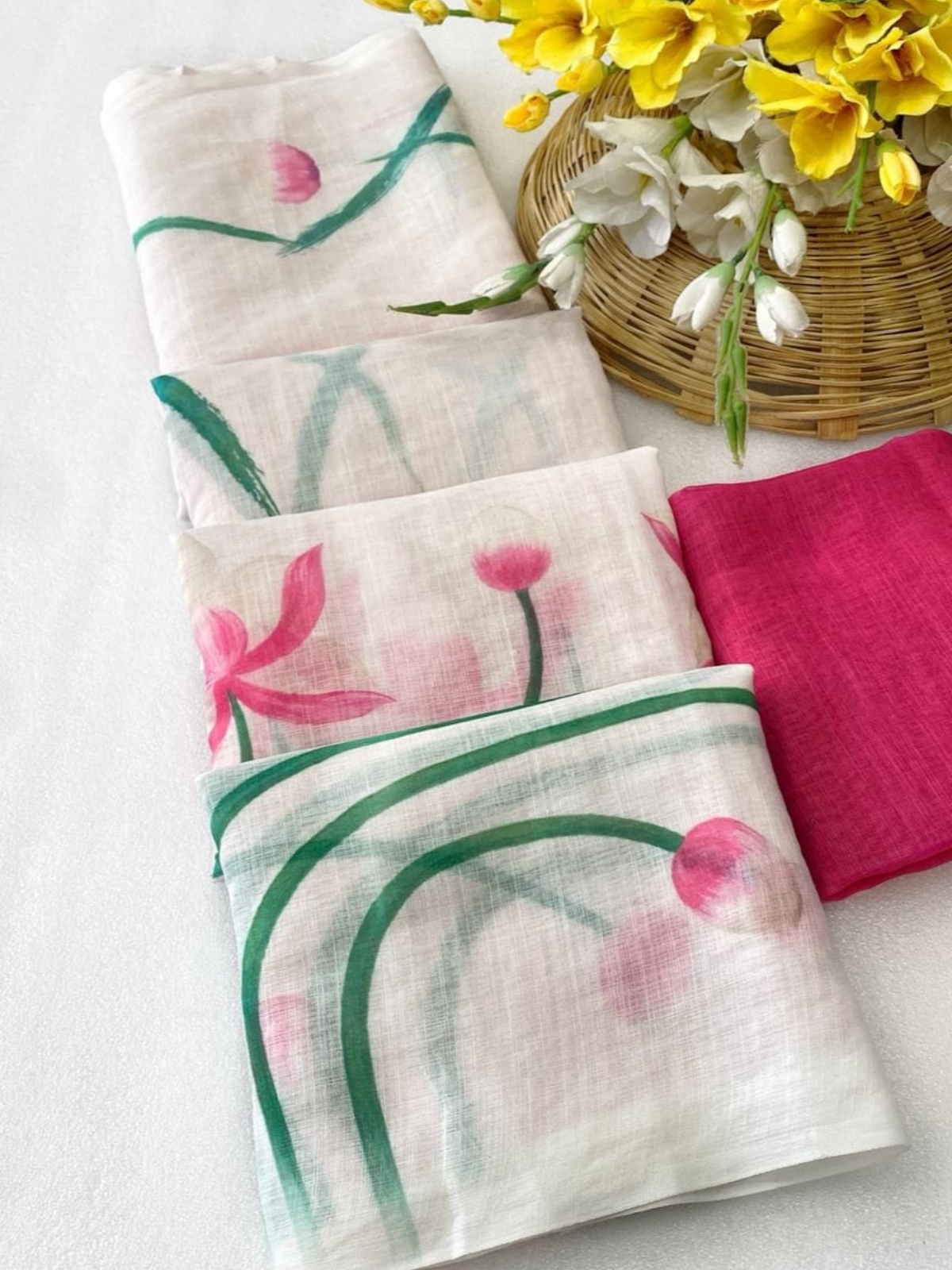 Graceful White Lotus Printed Saree with Tassel Border