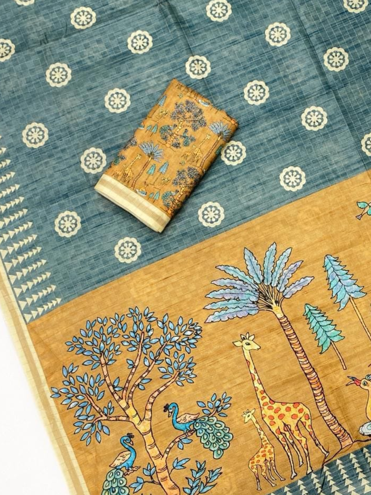 Trendy Teal Blue Ethnic Saree with Traditional Animal Print Pallu