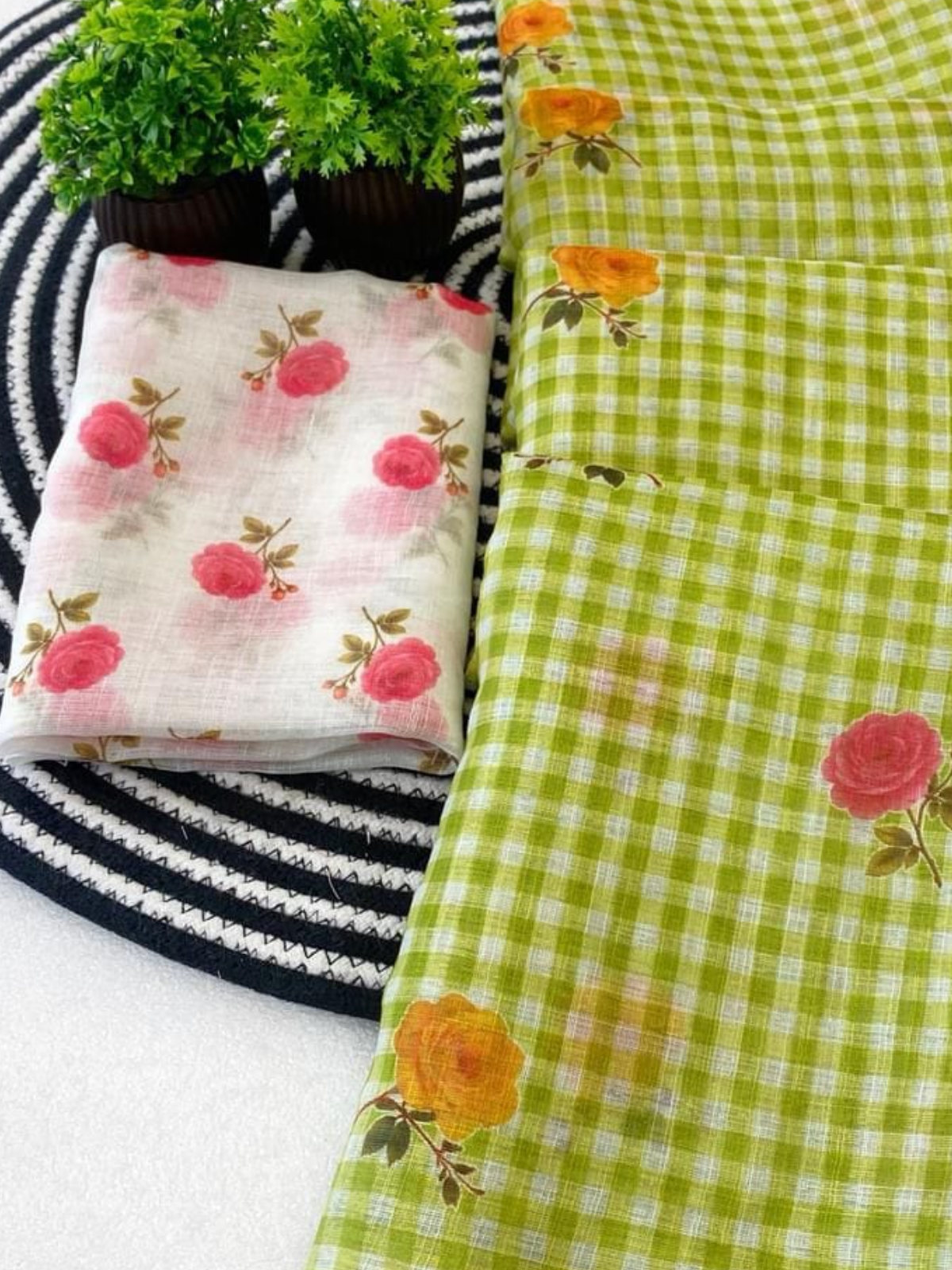 Lime Green Check Saree with Floral Print