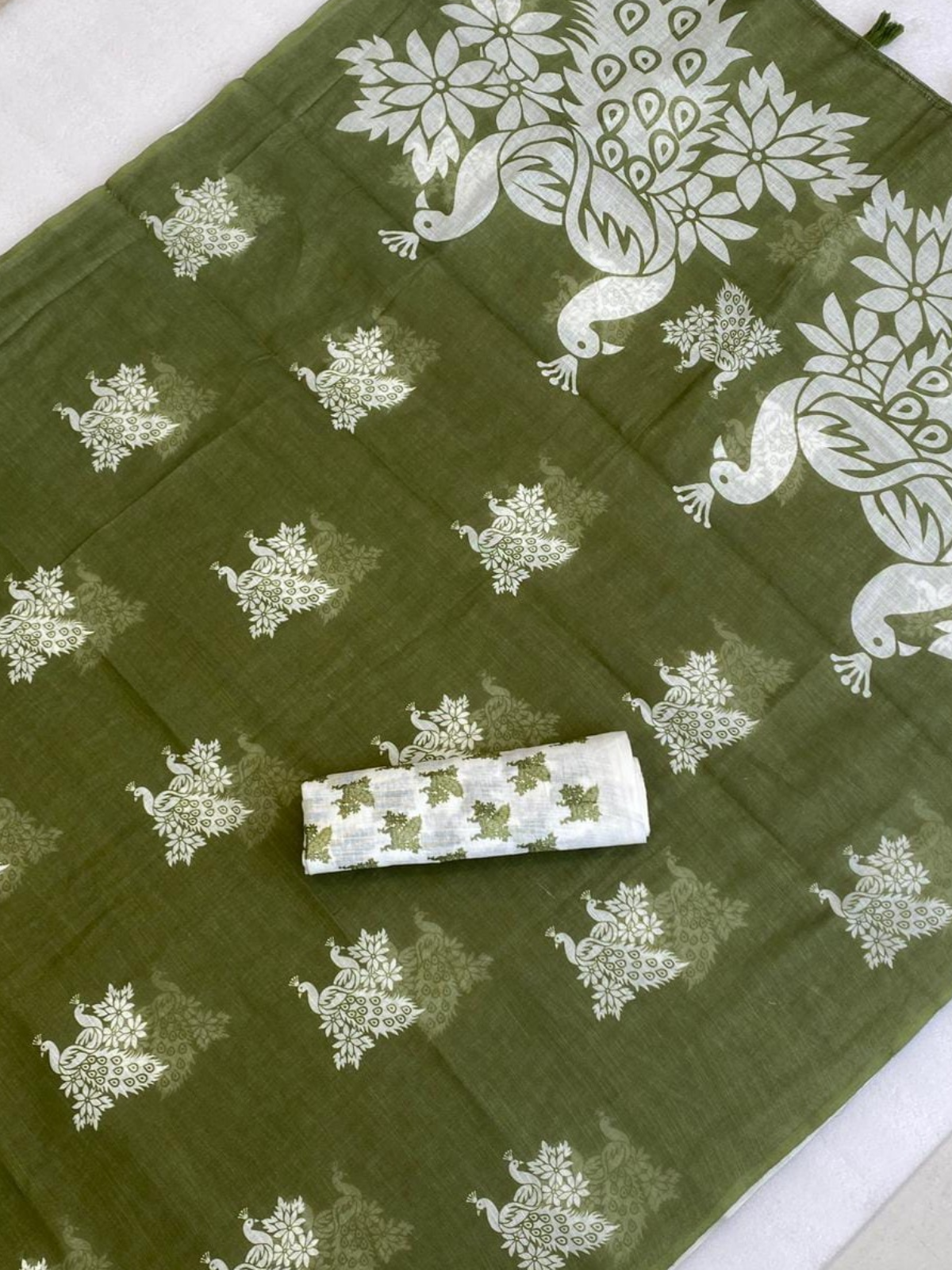 Olive Green Designer Saree with Peacock Print