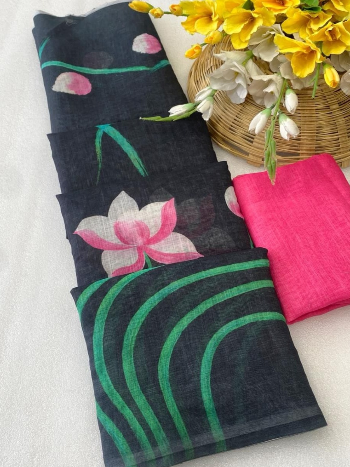 Classic Black Lotus Printed Saree with Tassel Border