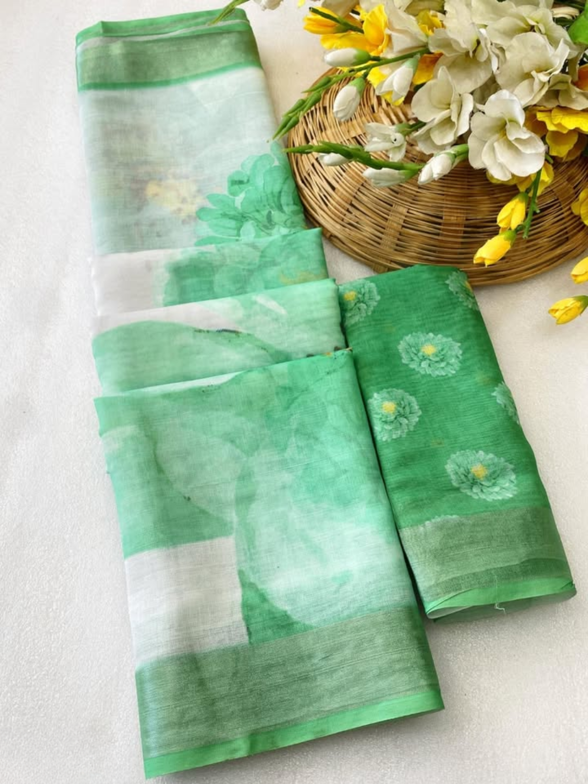 Mint Green Floral Organza Saree with Elegant Printed Design & Blouse
