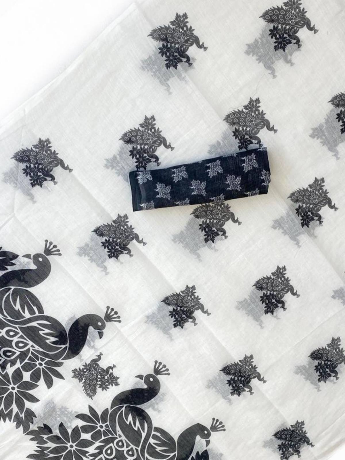 White Saree with Black Peacock Print