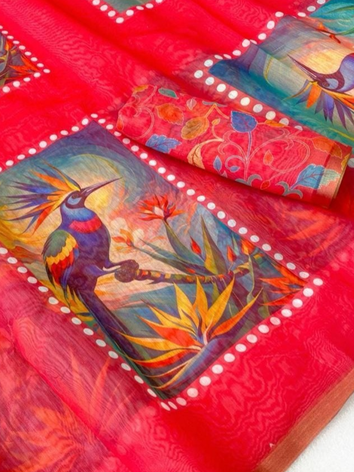 Bold Red Linen Saree with Artistic Bird Print