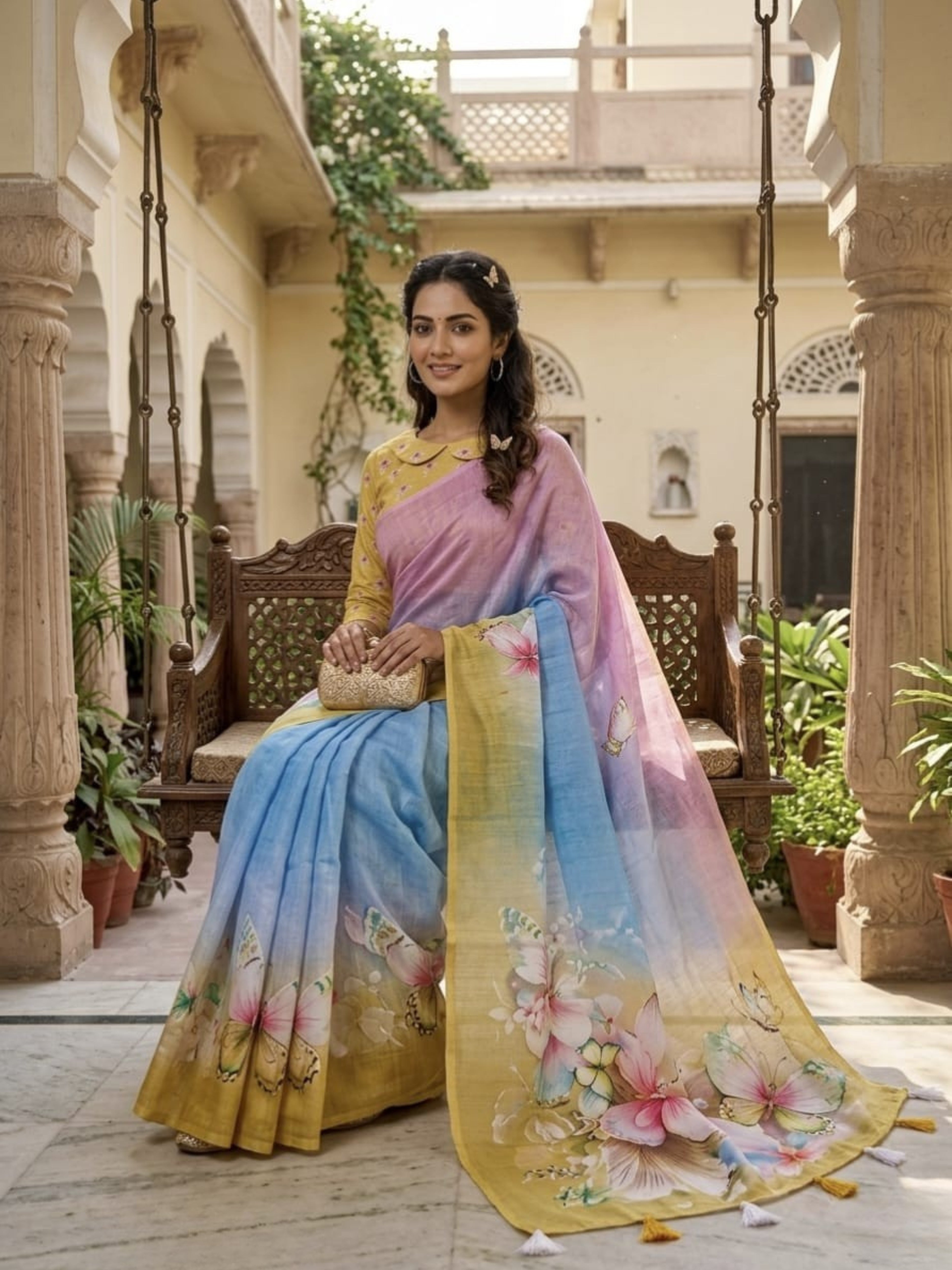 Butterfly Blossom Ombre Linen Saree