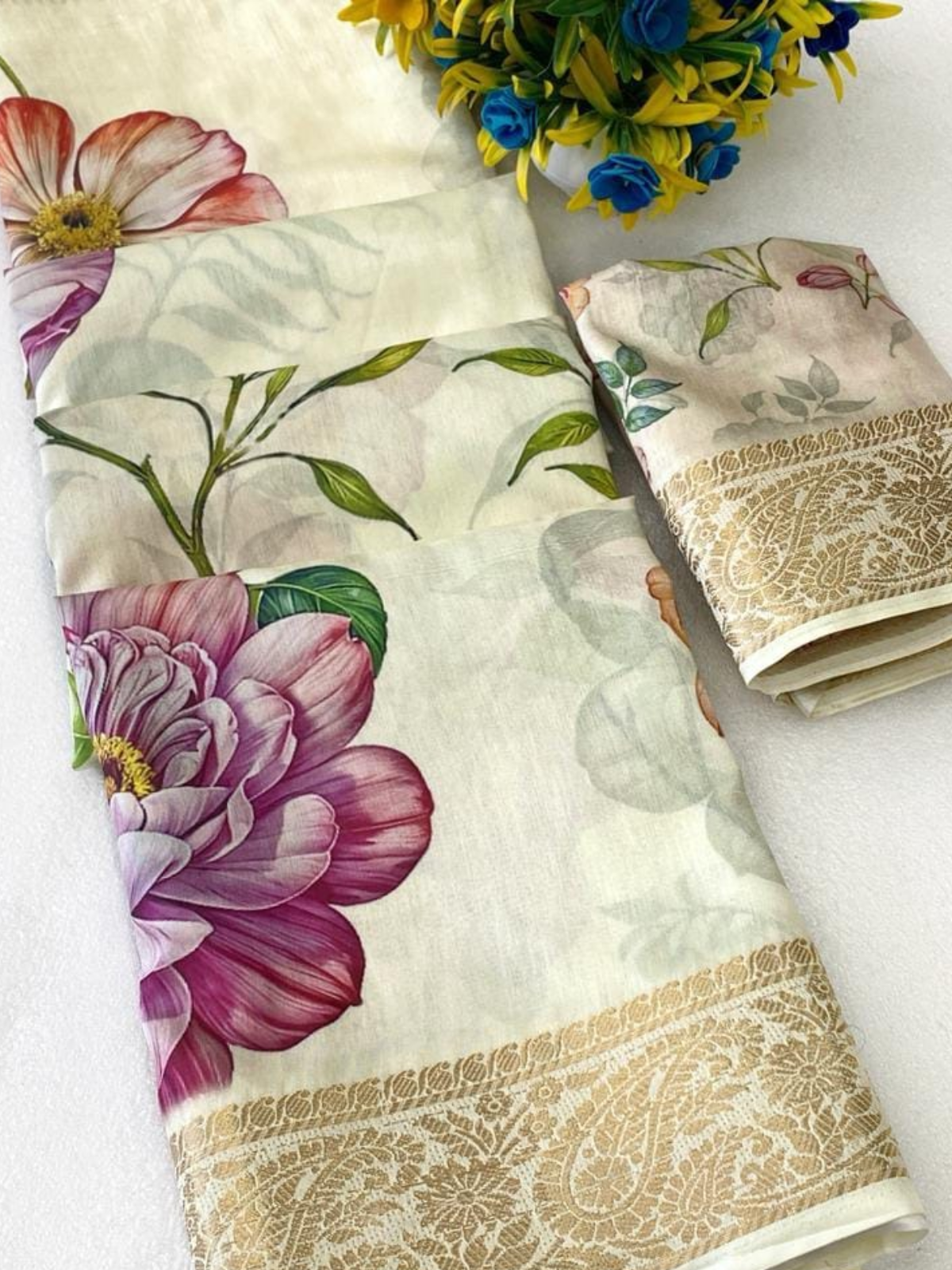 Elegant Cream Floral Printed Saree with Gold Border