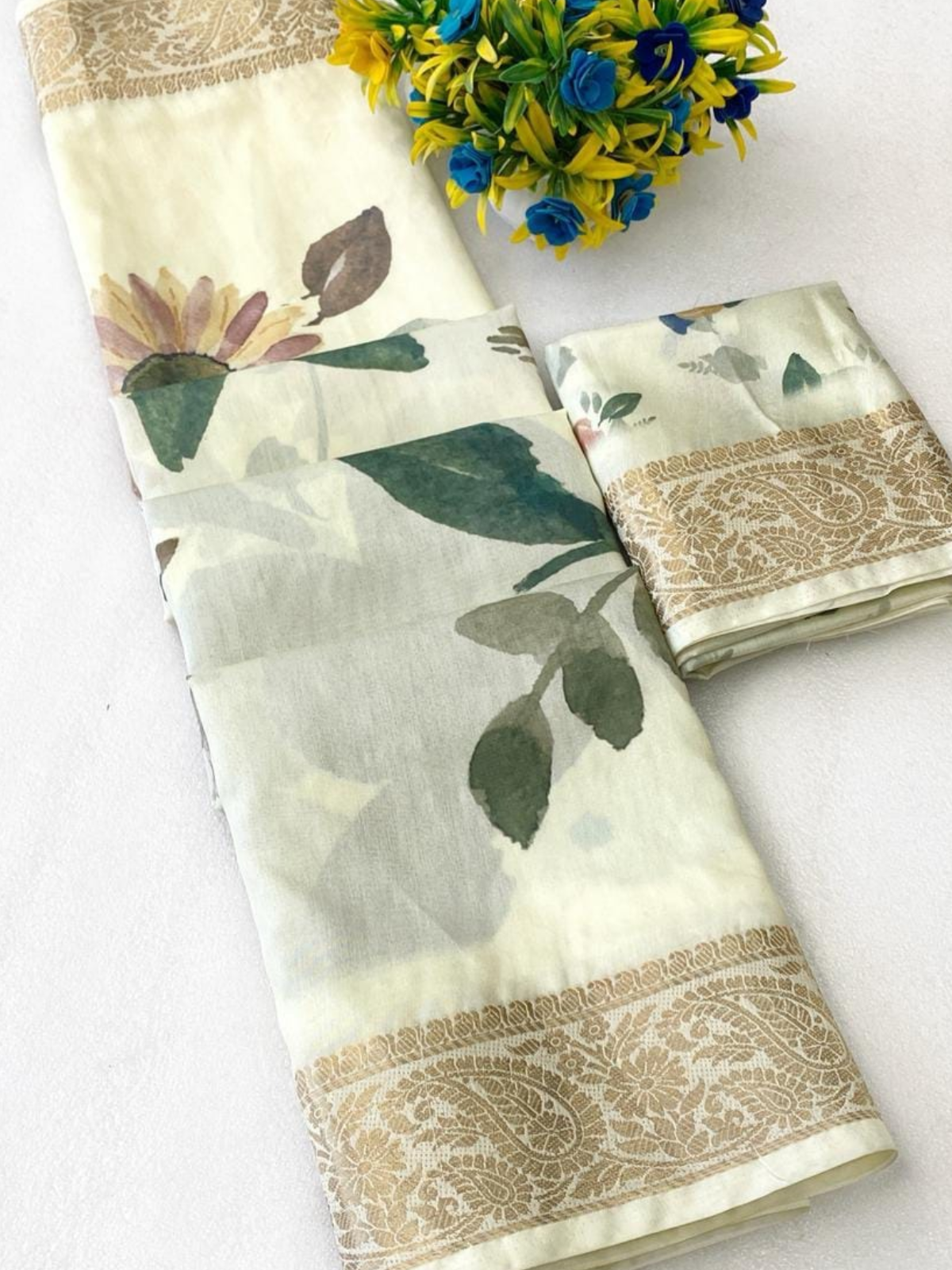 Vintage Style Cream Floral Saree with Golden Border