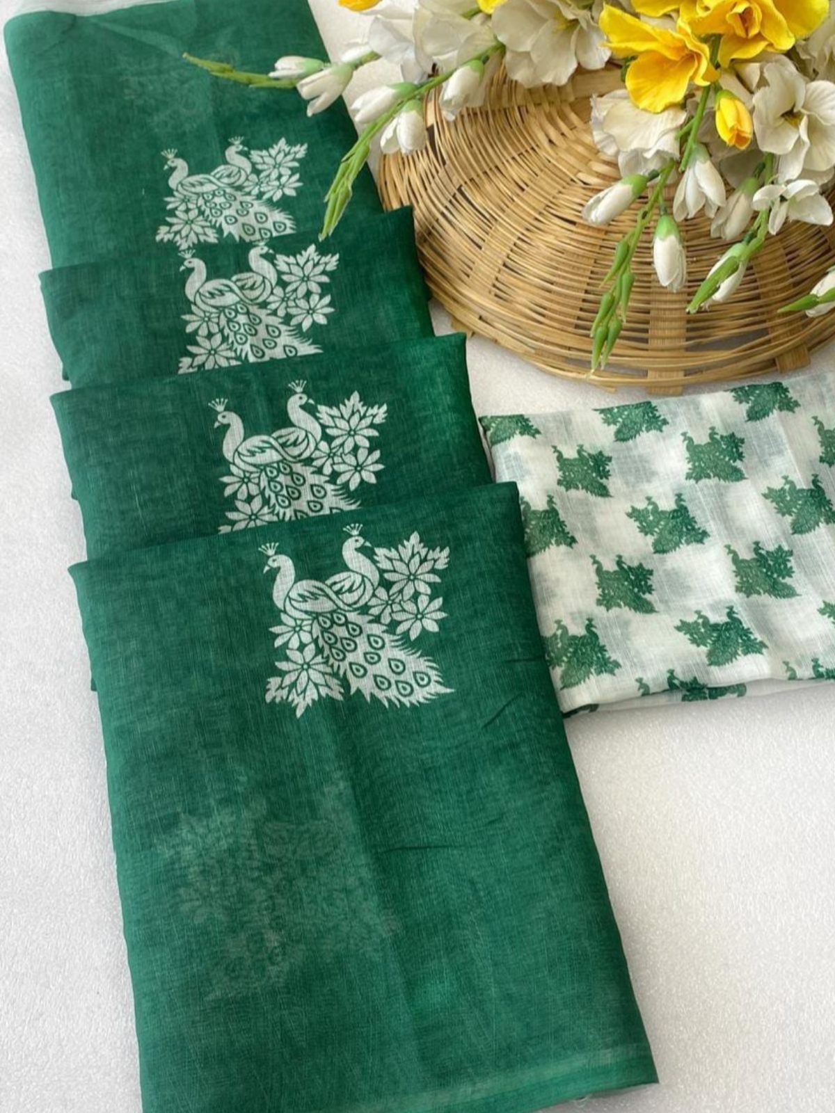 Dark Green Elegant Saree with Peacock Print