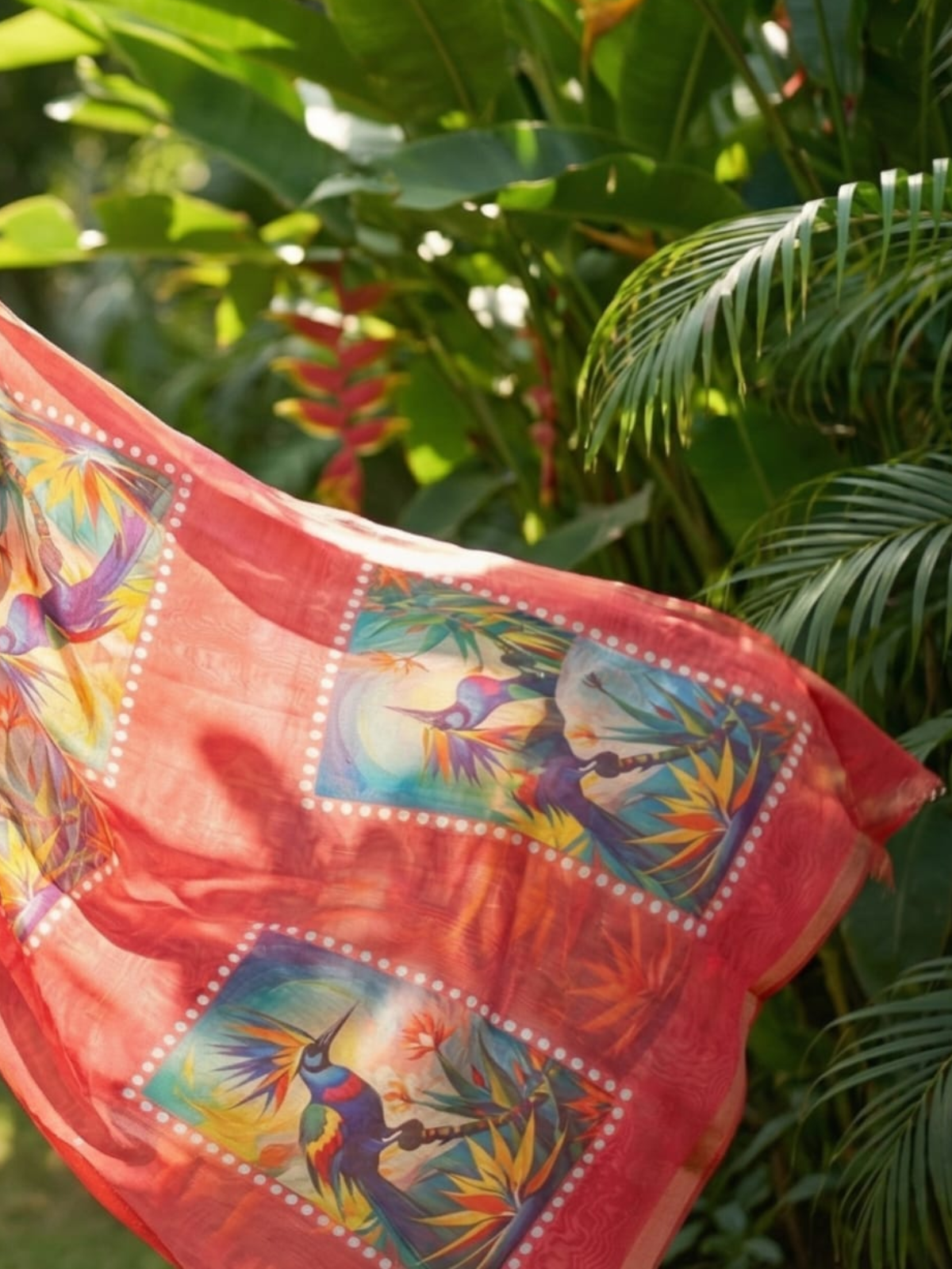 Bold Red Linen Saree with Artistic Bird Print