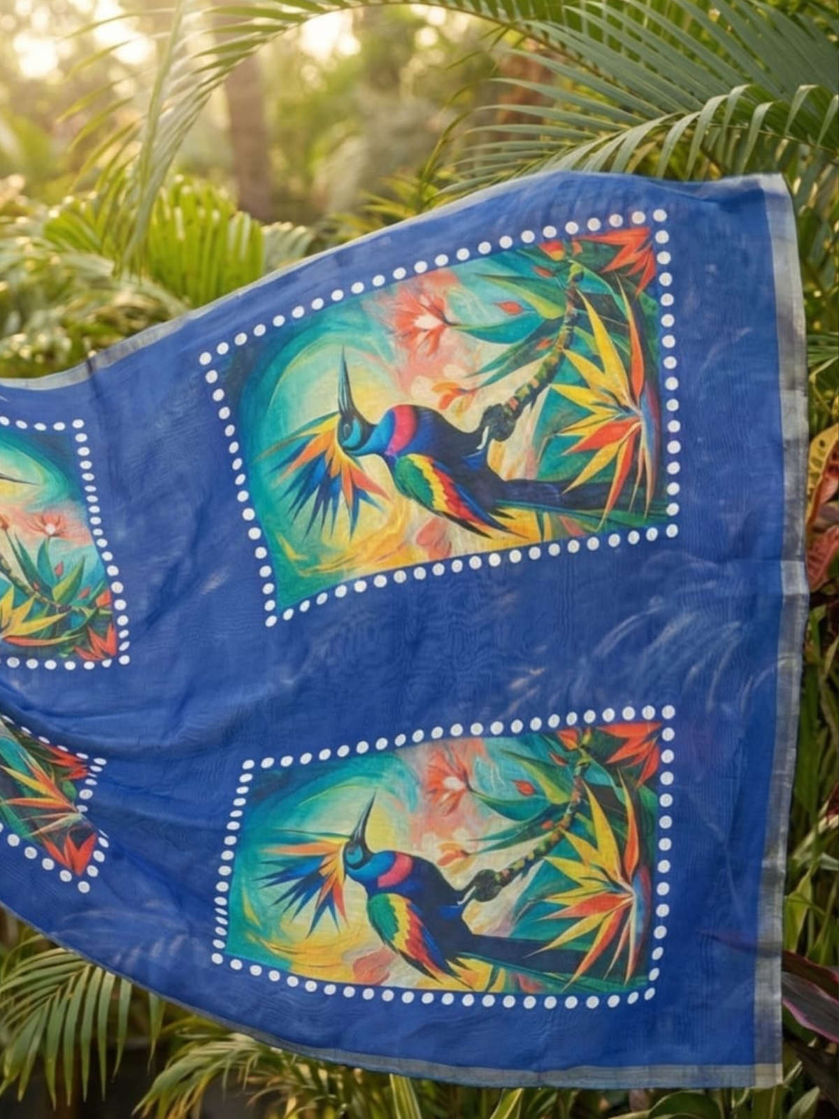 Royal Blue Linen Saree with Colorful Bird Print